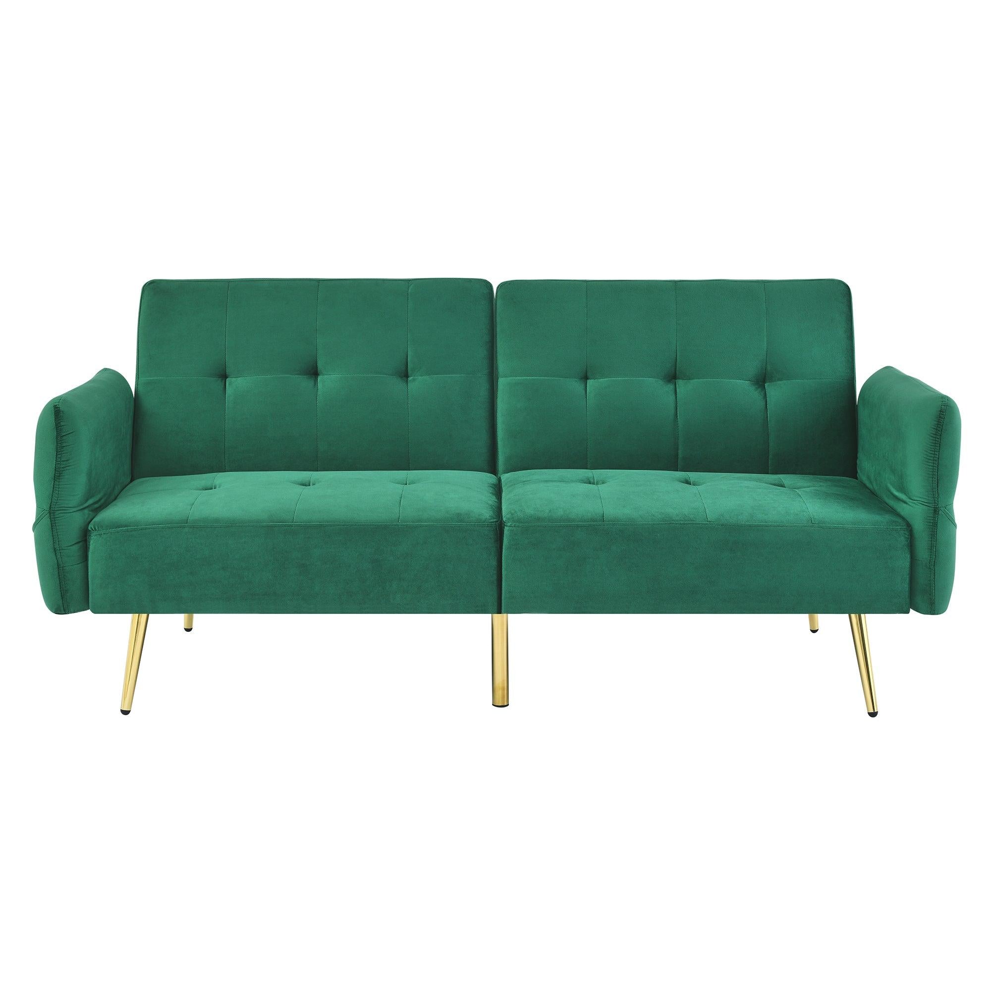 78" Italian Velvet Futon Sofa Bed, Convertible Sleeper Loveseat Couch with Folded Armrests andStorage Bags for Living Room and Small Space, Green 280g velvet