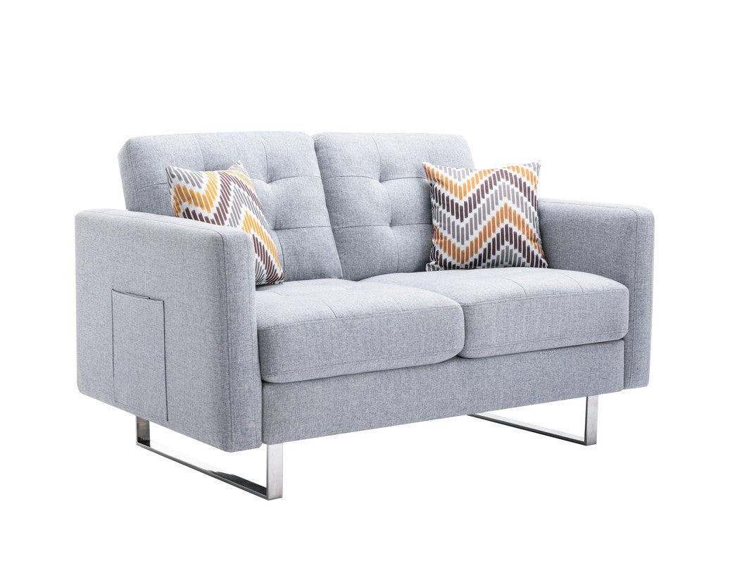 Victoria Light Gray Linen Fabric Loveseat Chair Living Room Set with Metal Legs, Side Pockets, and Pillows