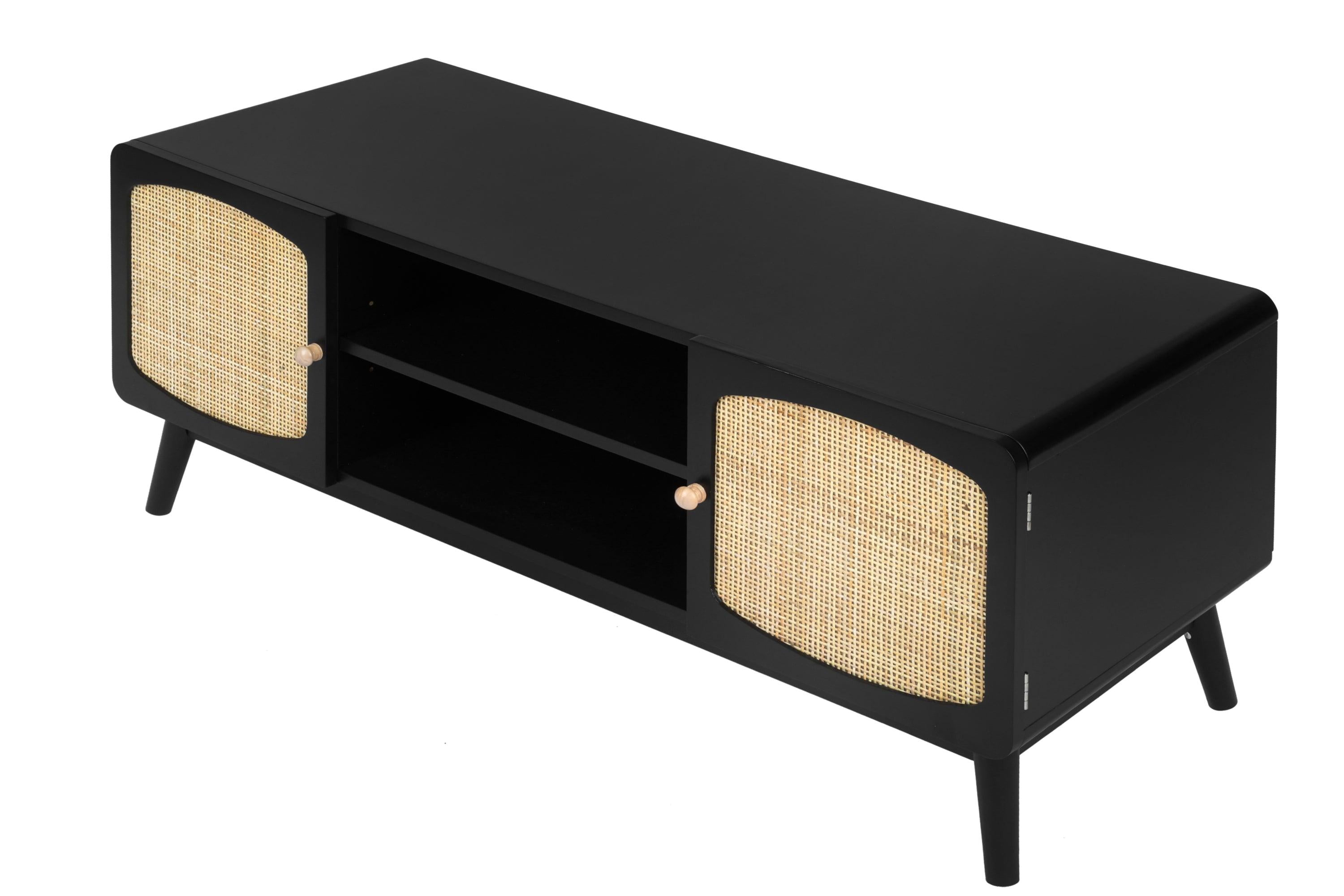 Black TV Console with Rattan Door, Boho TV Stand for Bedroom, Living Room