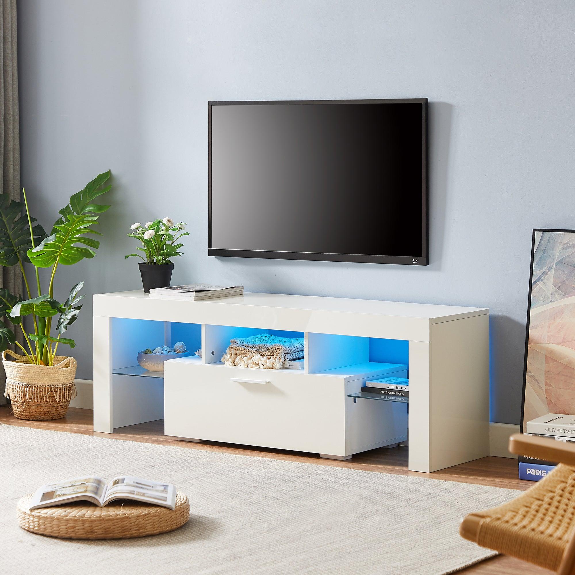 White morden TV Stand with LED Lights,high glossy front TV Cabinet,can be assembled in Lounge Room, Living Room or Bedroom,color:WHITE