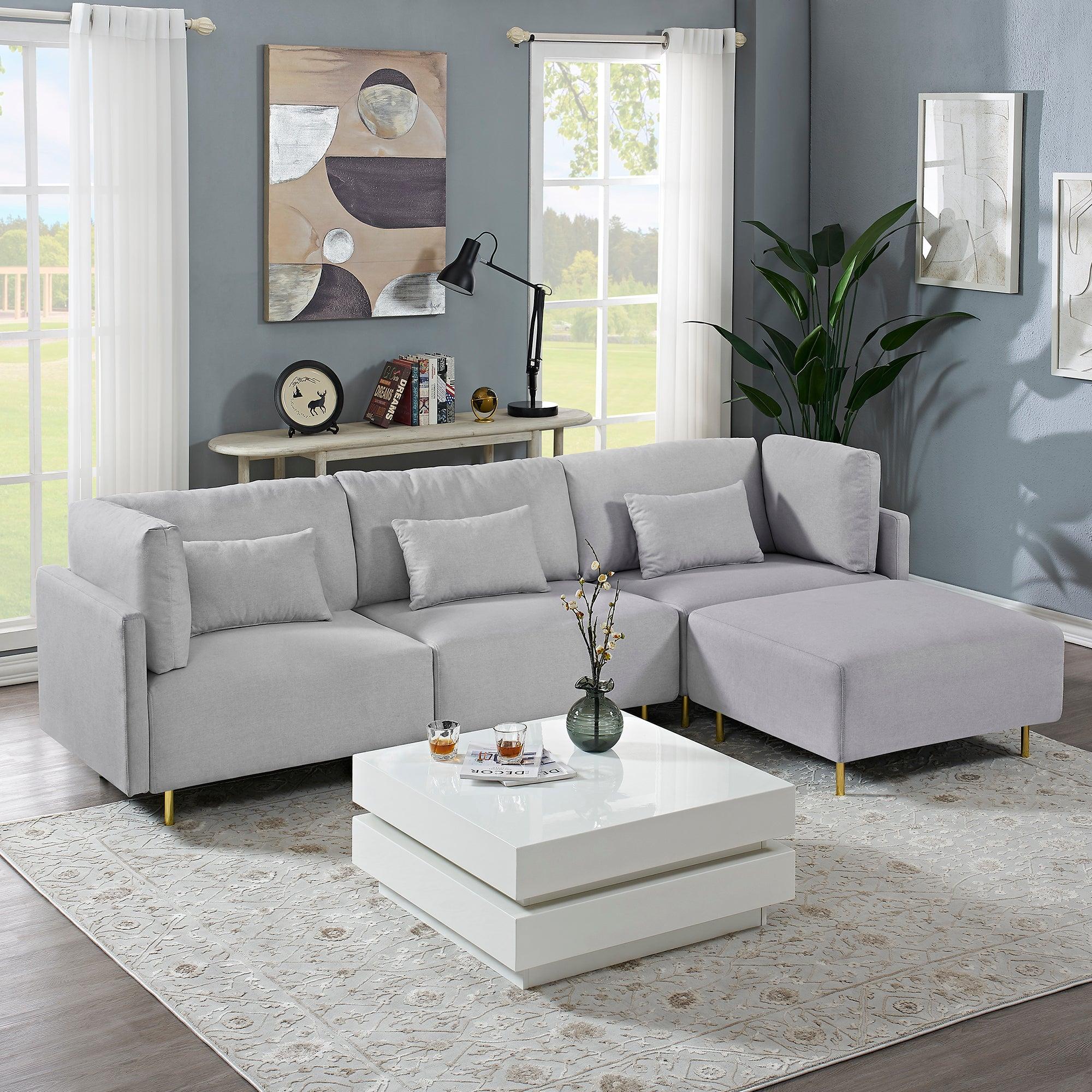 Modern Luxury Sectional Sofa Couch Quality Upholstery L Shape Sofa lden Metal Leg with Convertible Ottoman Chaise Grey