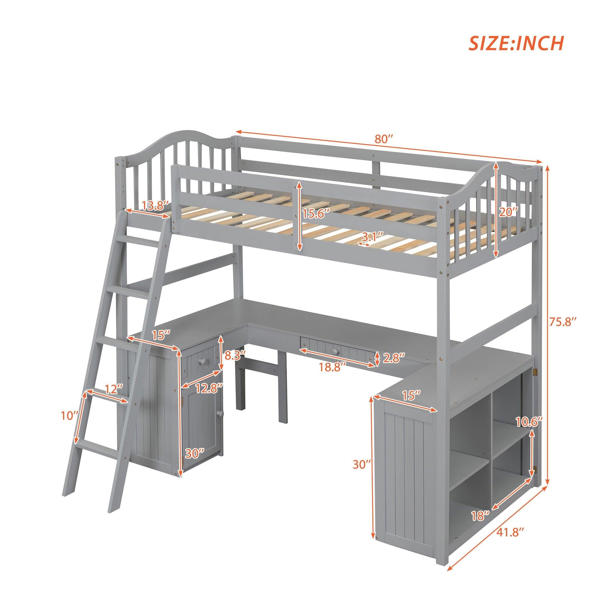 Twin size Loft Bed with Drawers, Cabinet, Shelves and Desk, Wooden Loft Bed with Desk - Gray