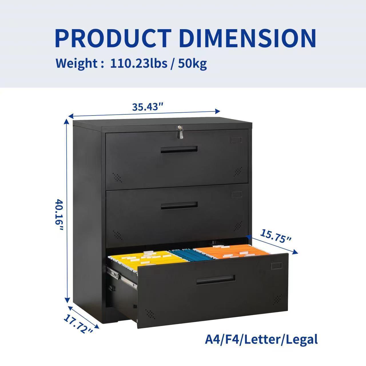 3 Drawer Lateral Filing Cabinet for Legal/Letter A4 Size, Large Deep Drawers Locked by Keys, Locking Wide File Cabinet for Home Office, Metal Steel