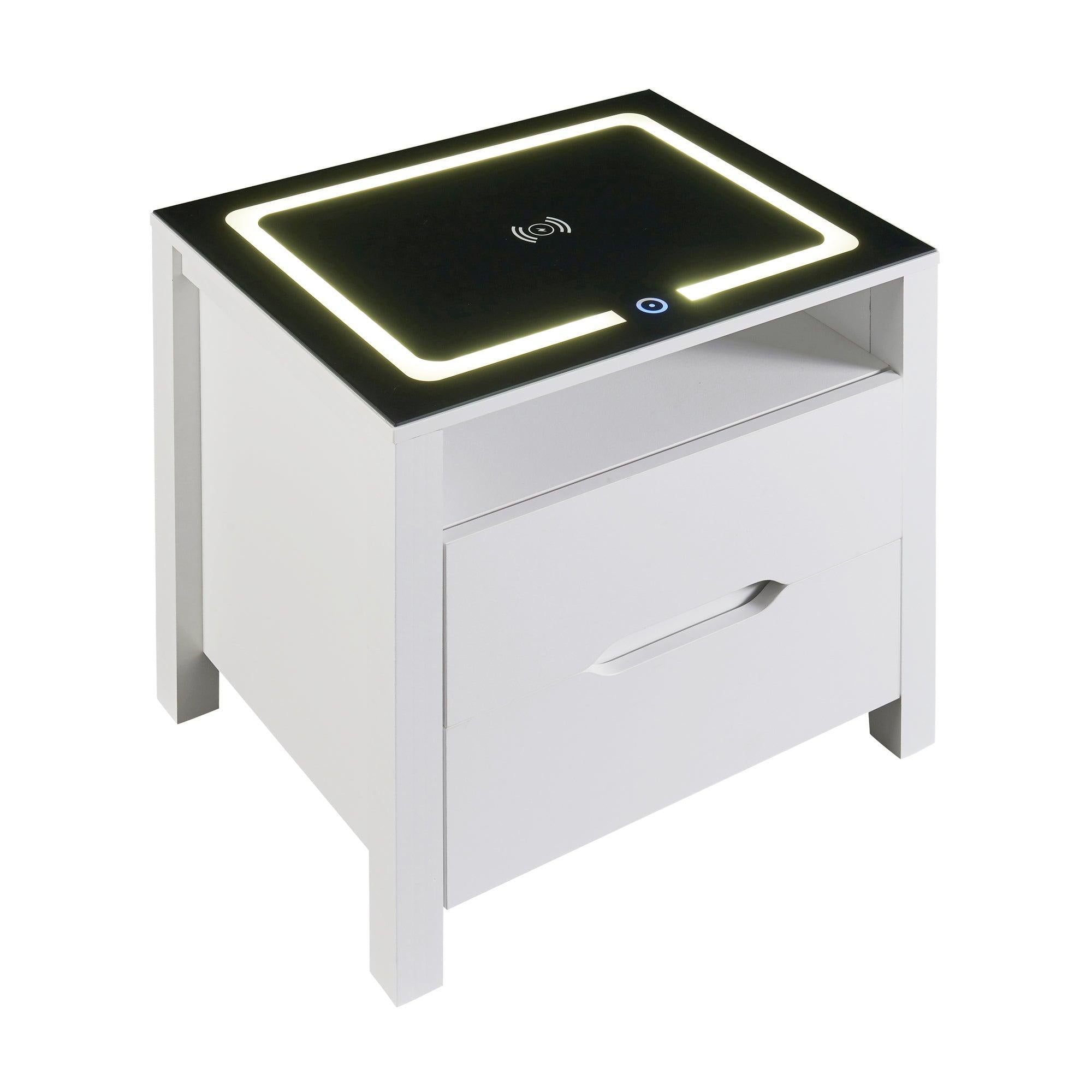 MultifunctionalStorage Nightstand with 2 Drawers and an open shelf, Wireless Charging with adjustable LED, White