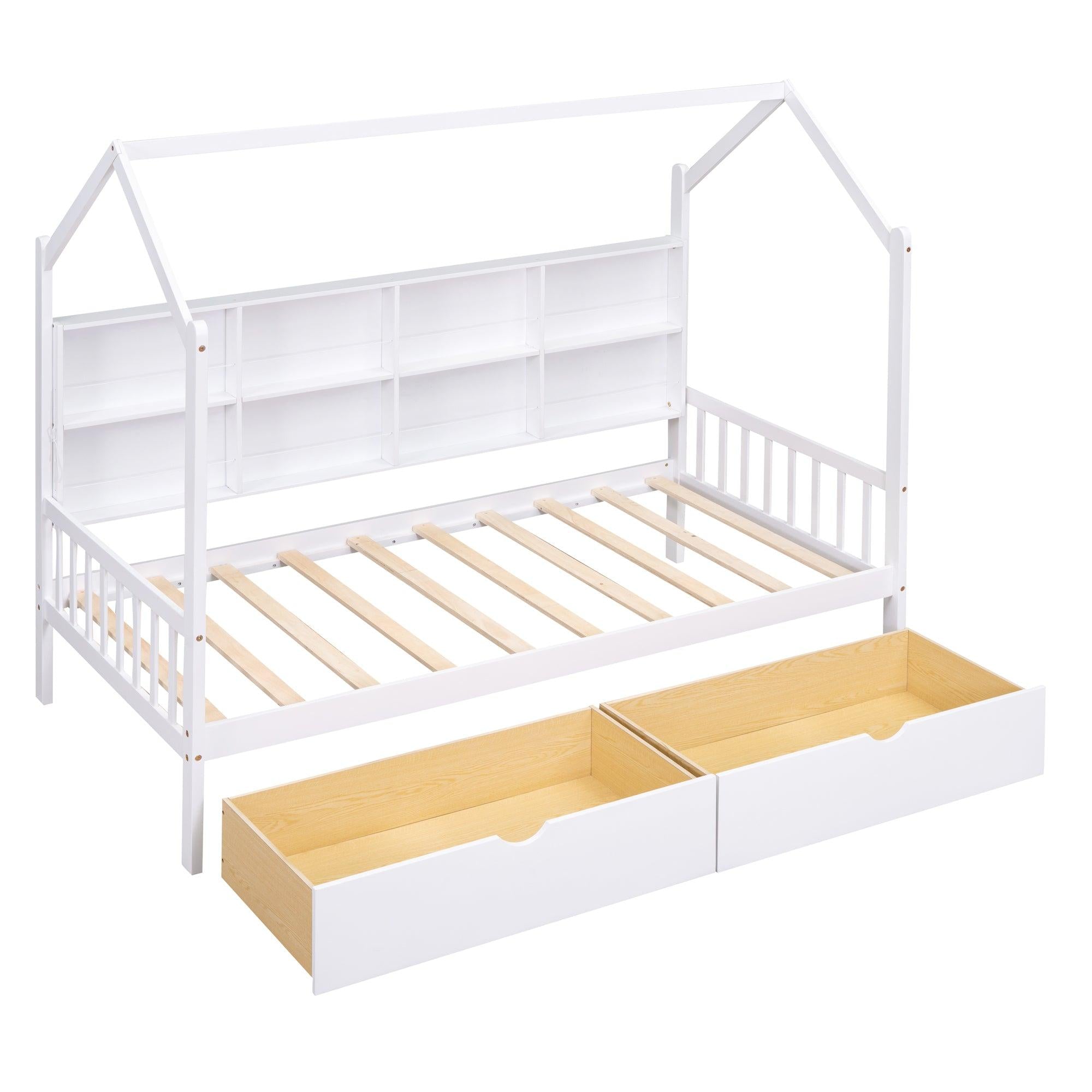 Wooden Twin Size House Bed with 2 Drawers,Kids Bed withStorage Shelf, White