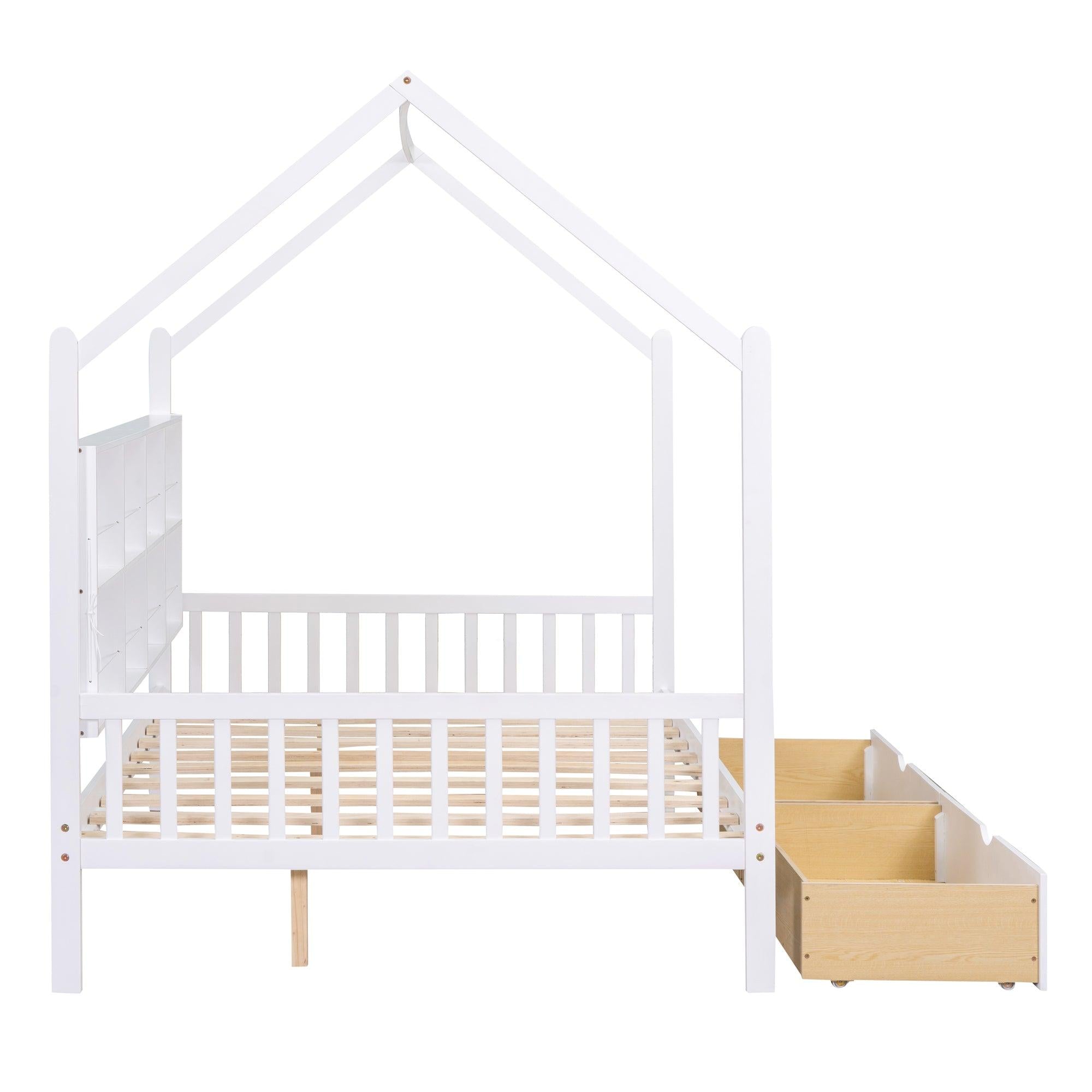 Wooden Full Size House Bed with 2 Drawers,Kids Bed withStorage Shelf, White