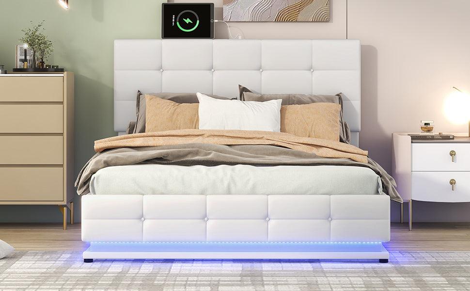 Full Size Tufted Upholstered Platform Bed with HydraulicStorage System,PUStorage Bed with LED Lights and USB charger, White