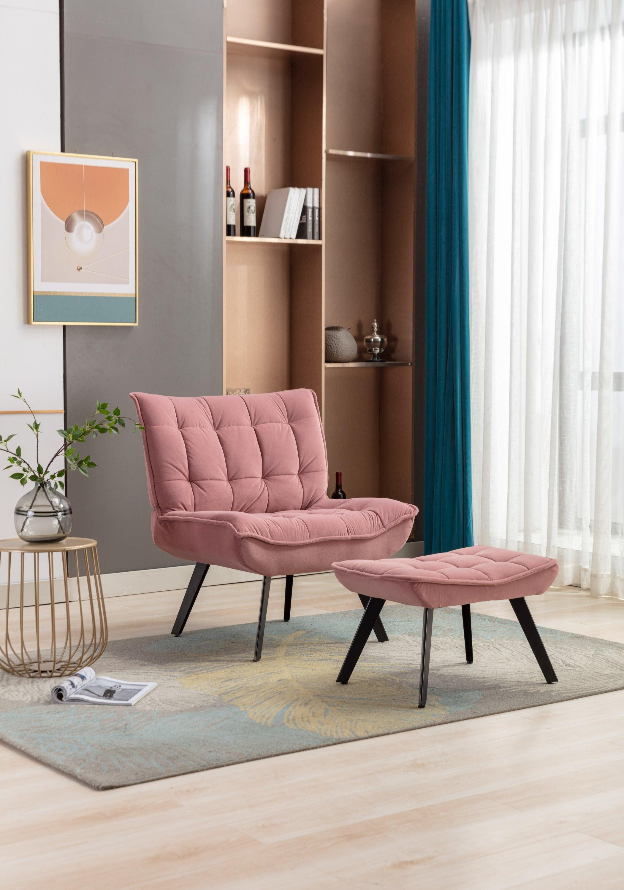 Modern Soft Velvet Fabric Material Large Width Accent Chair Leisure Chair Armchair TV Chair Bedroom Chair With Ottoman Black Legs For Indoor Home And Living Room,Pink