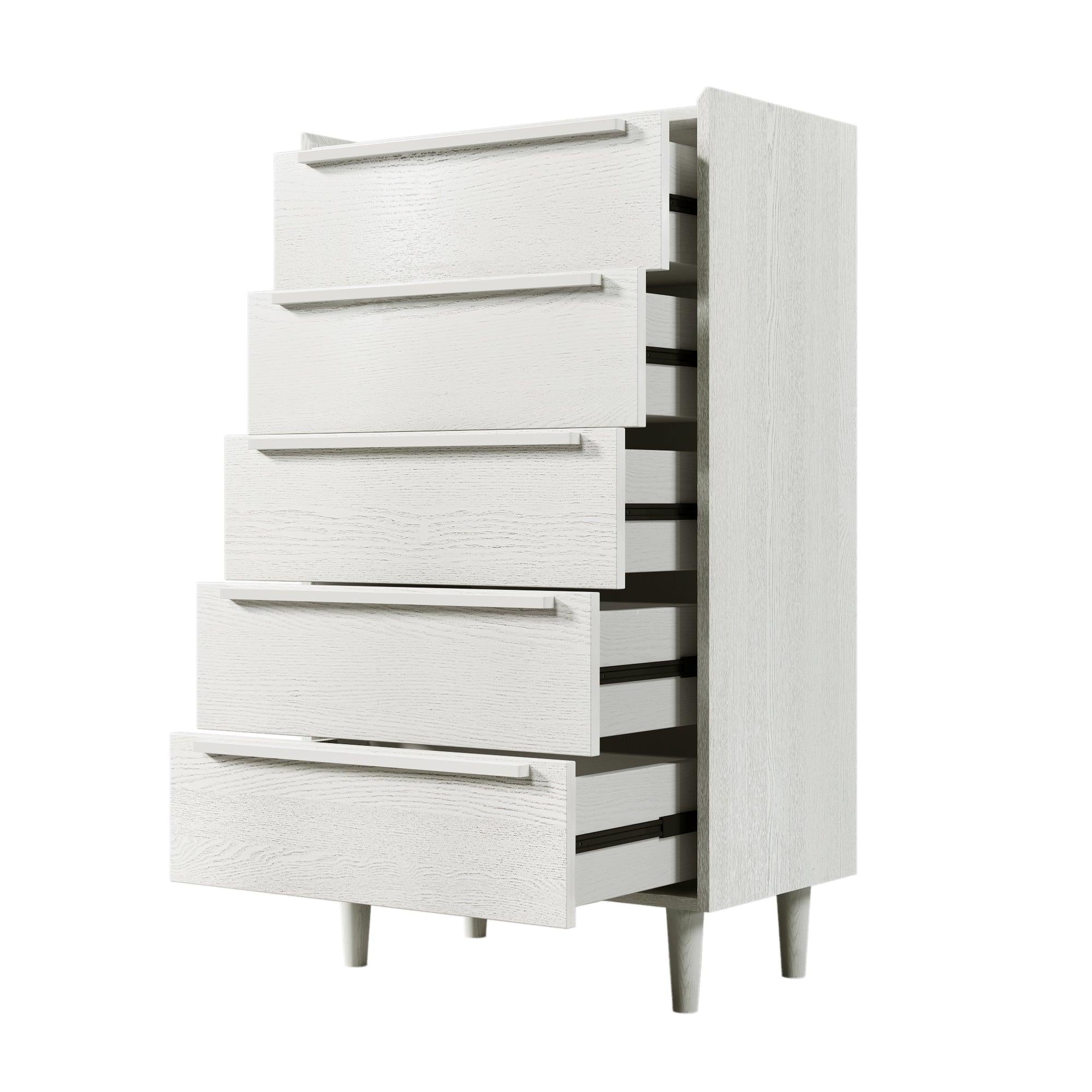 Modern Style Manufactured Wood 5-Drawer Chest with Solid Wood Legs, White