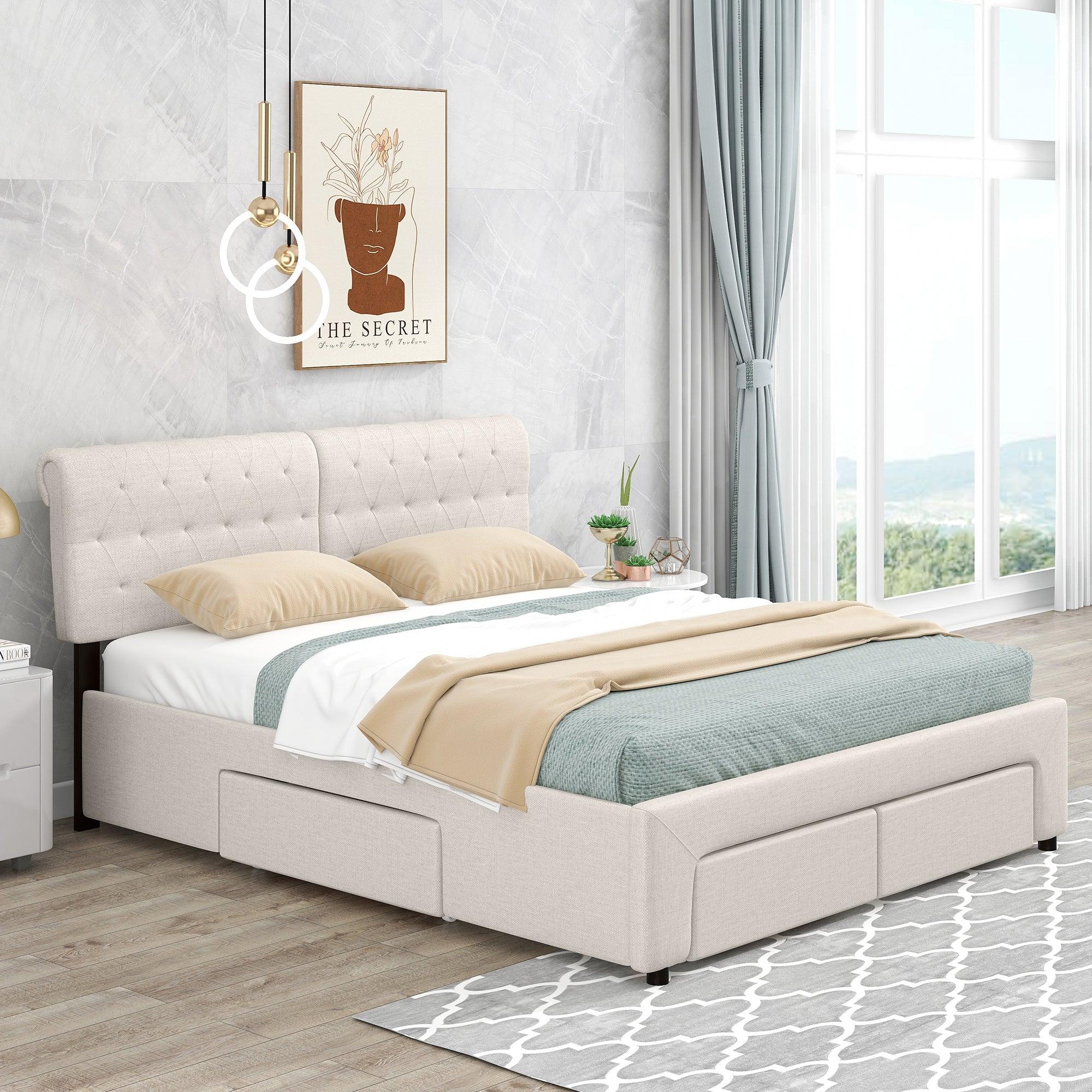 Queen Size Upholstery Platform Bed with Four Drawers,Beige