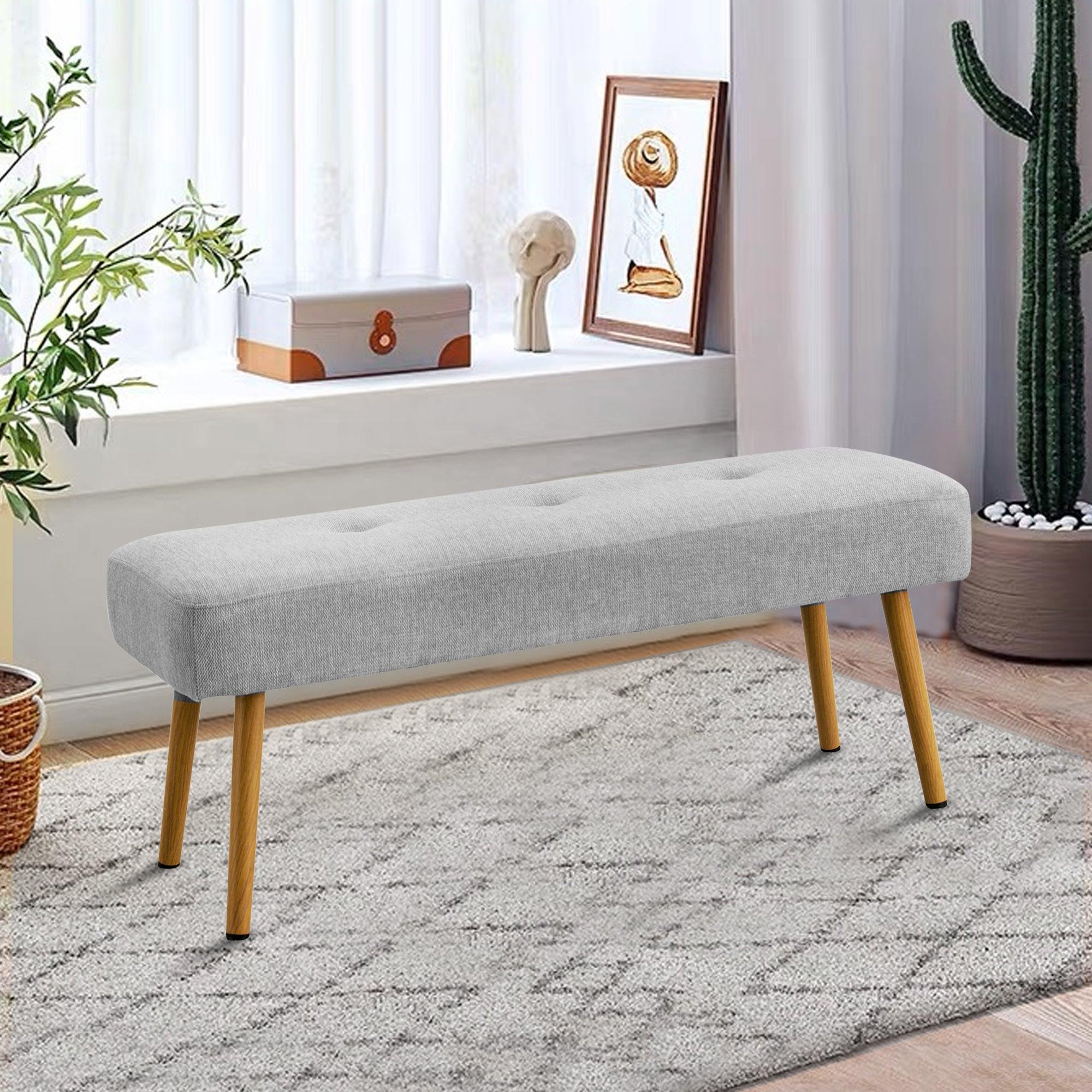 Linen Fabric Upholstered Bench With Gold Metal Legs .Shoe Changing Bench Sofa Bench Dining Chair .for to Bedroom Fitting Room, Store, Dining Room and Living Room.