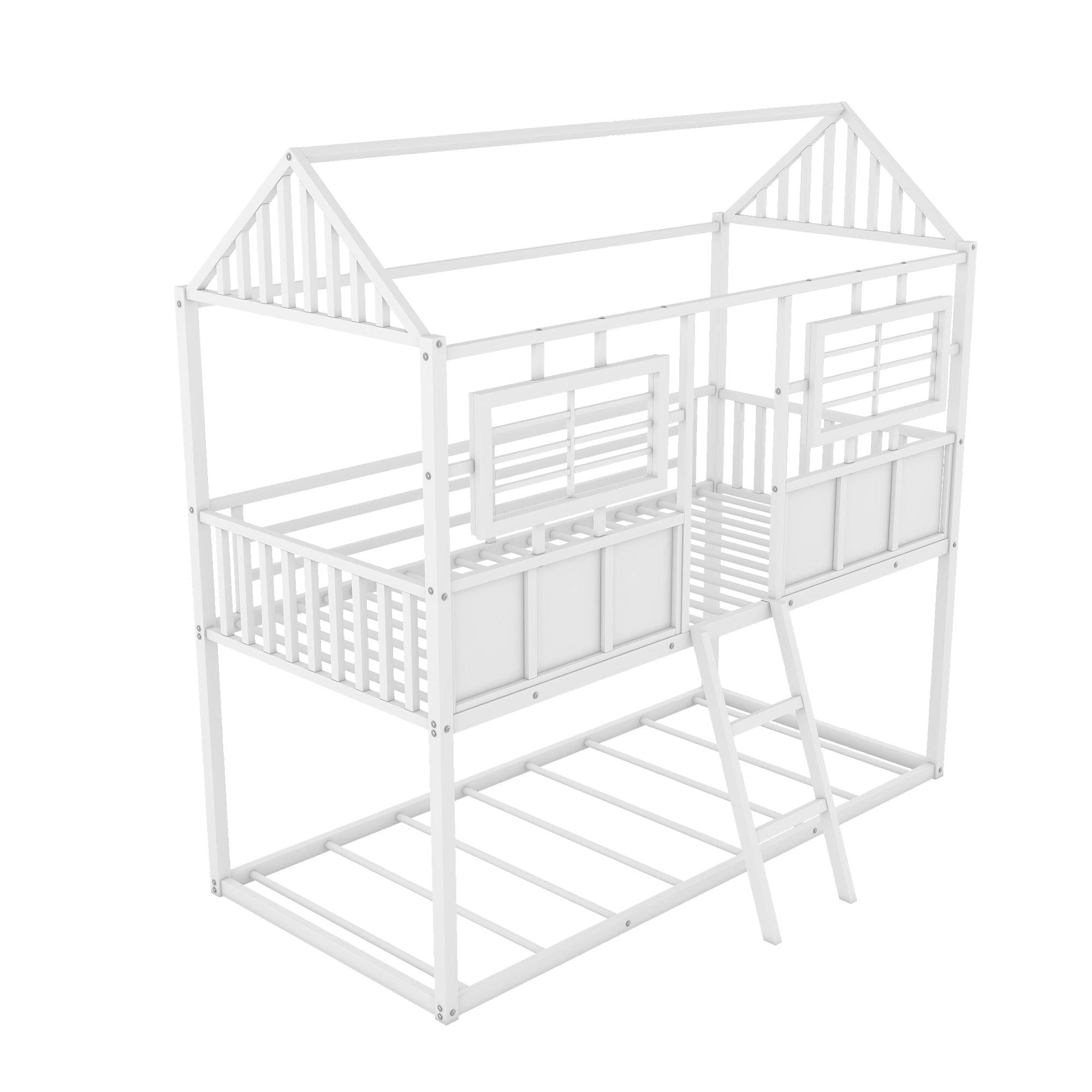 Twin over Twin Size Metal Low Bunk Beds with Roof and Fence-shaped Guardrail, White