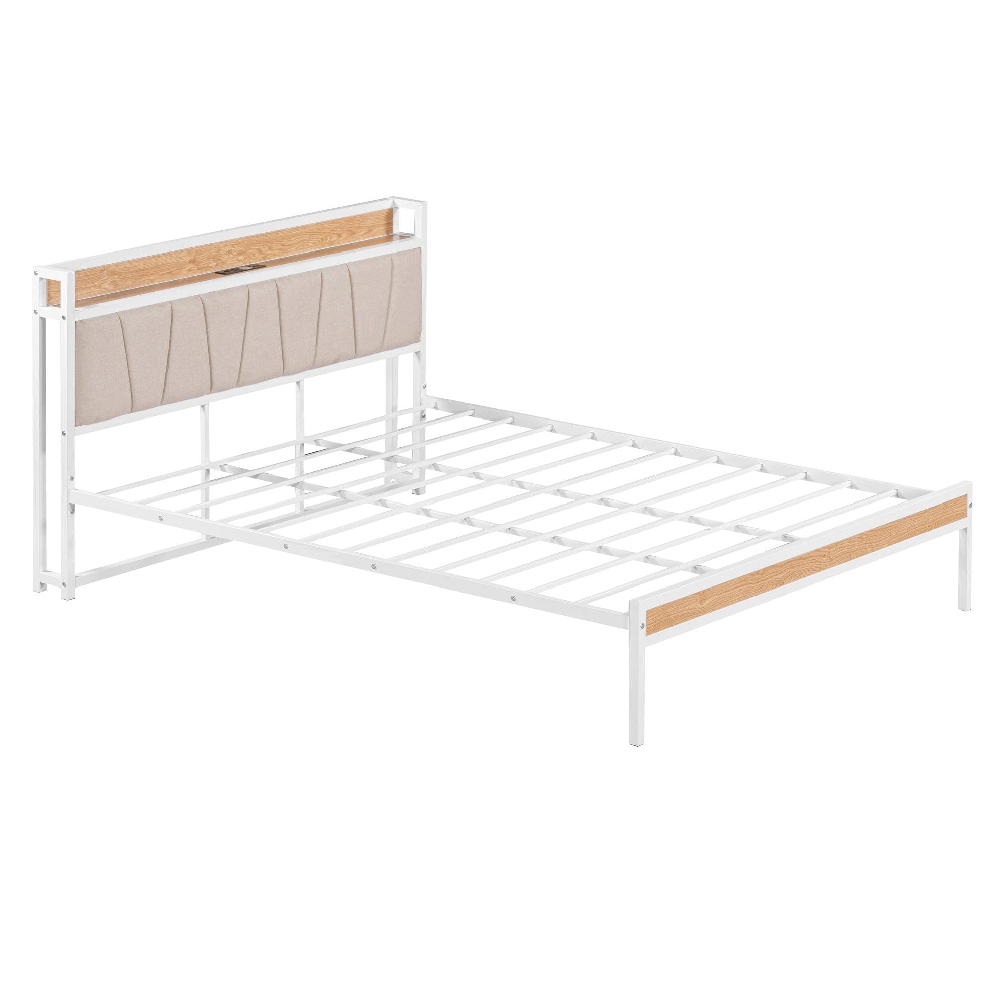 Queen Size Metal Platform Bed Frame with Upholstered headboard ，Sockets, USB Ports and Slat Support ,No Box Spring Needed，White