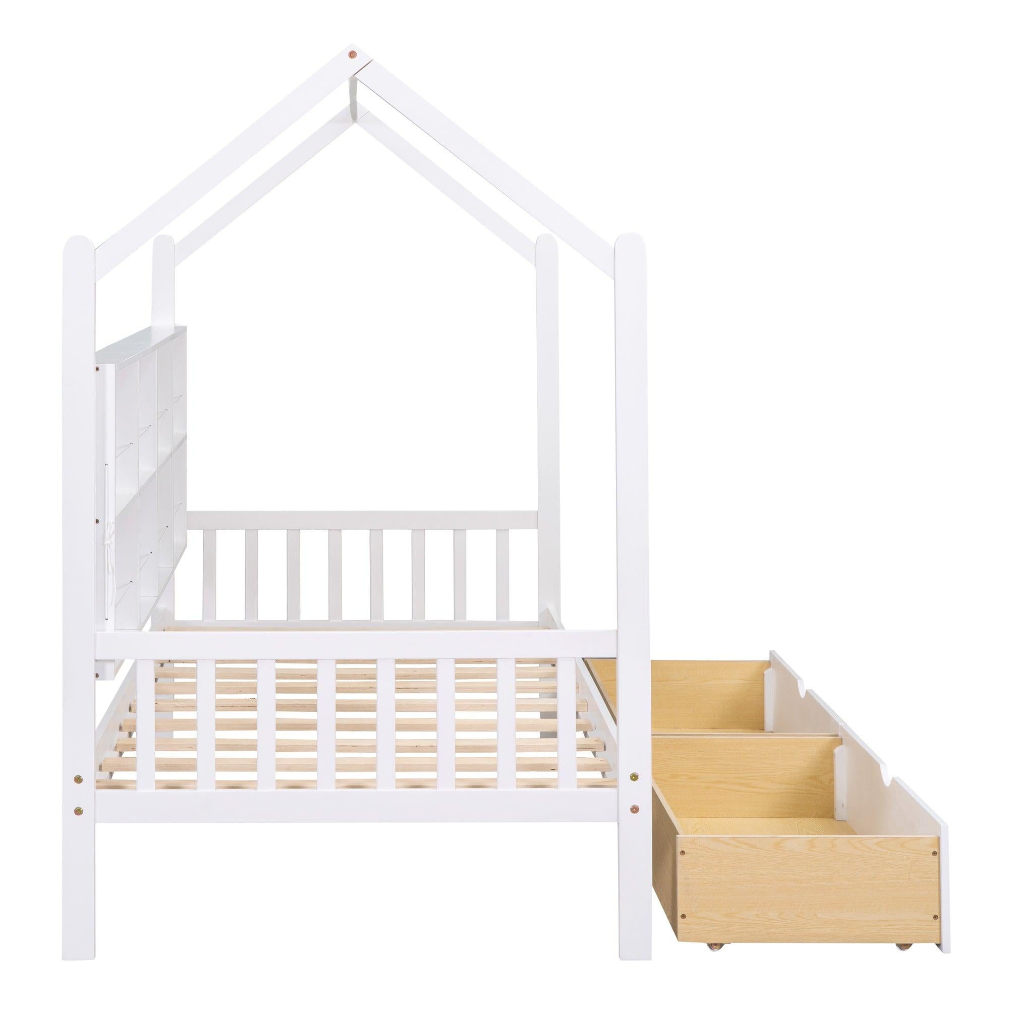 Wooden Twin Size House Bed with 2 Drawers,Kids Bed withStorage Shelf, White