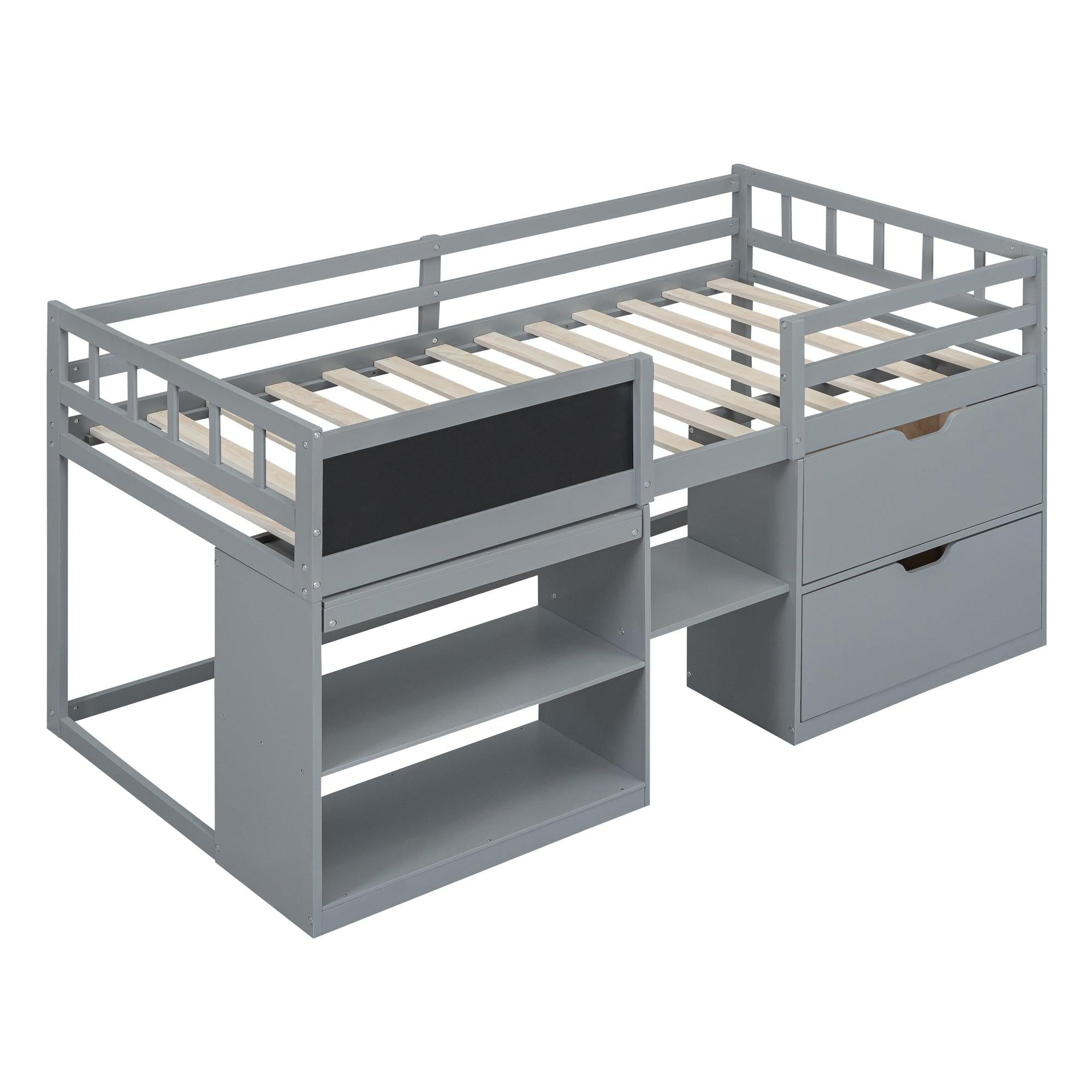 Twin Size Low Loft Bed with Rolling Desk, Shelf and Drawers - Gray