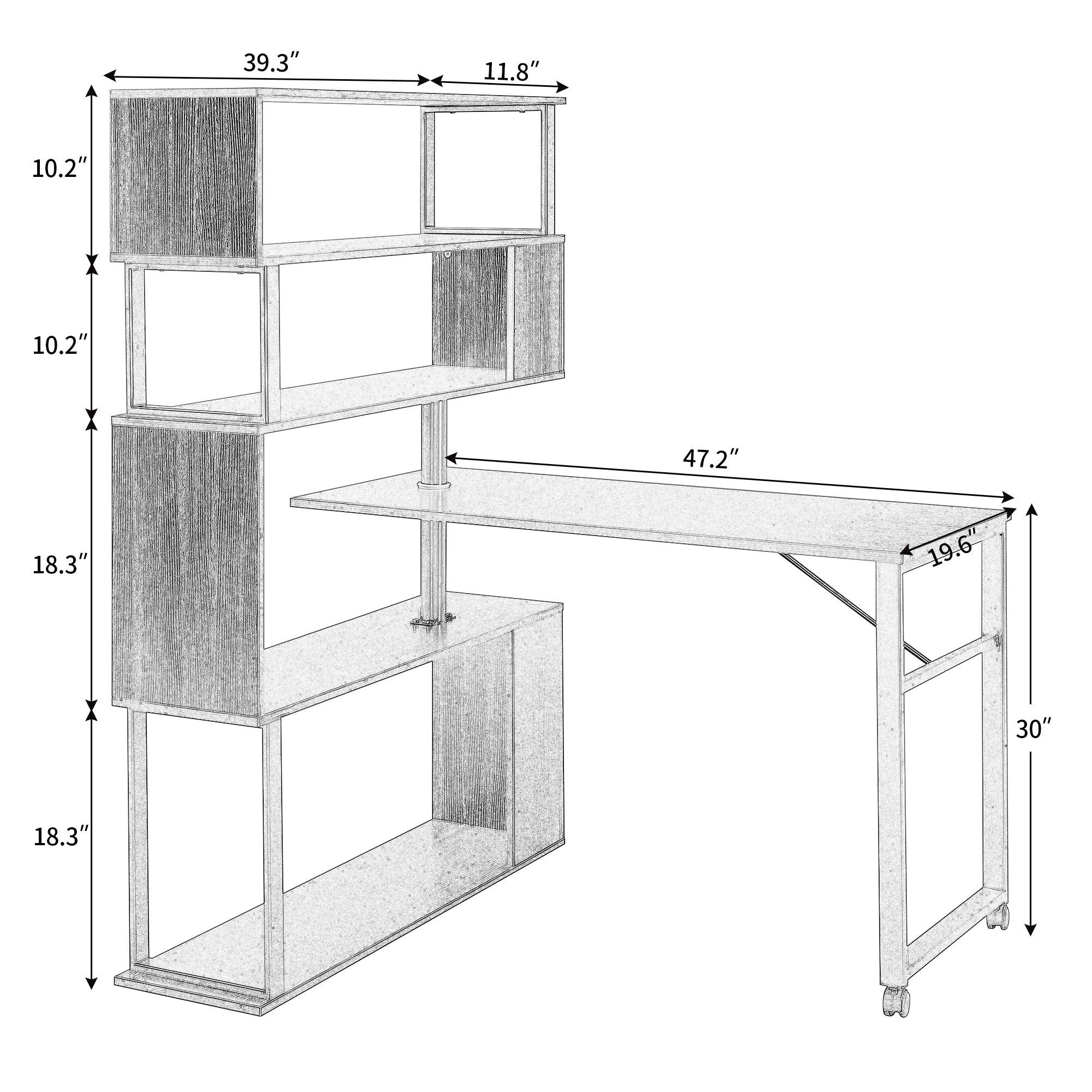 Home Office Computer Desk L-Shaped Corner Table, Rotating Computer Table with 5-Tier Bookshelf, Four Installation Methods, Lockable Casters (Black)