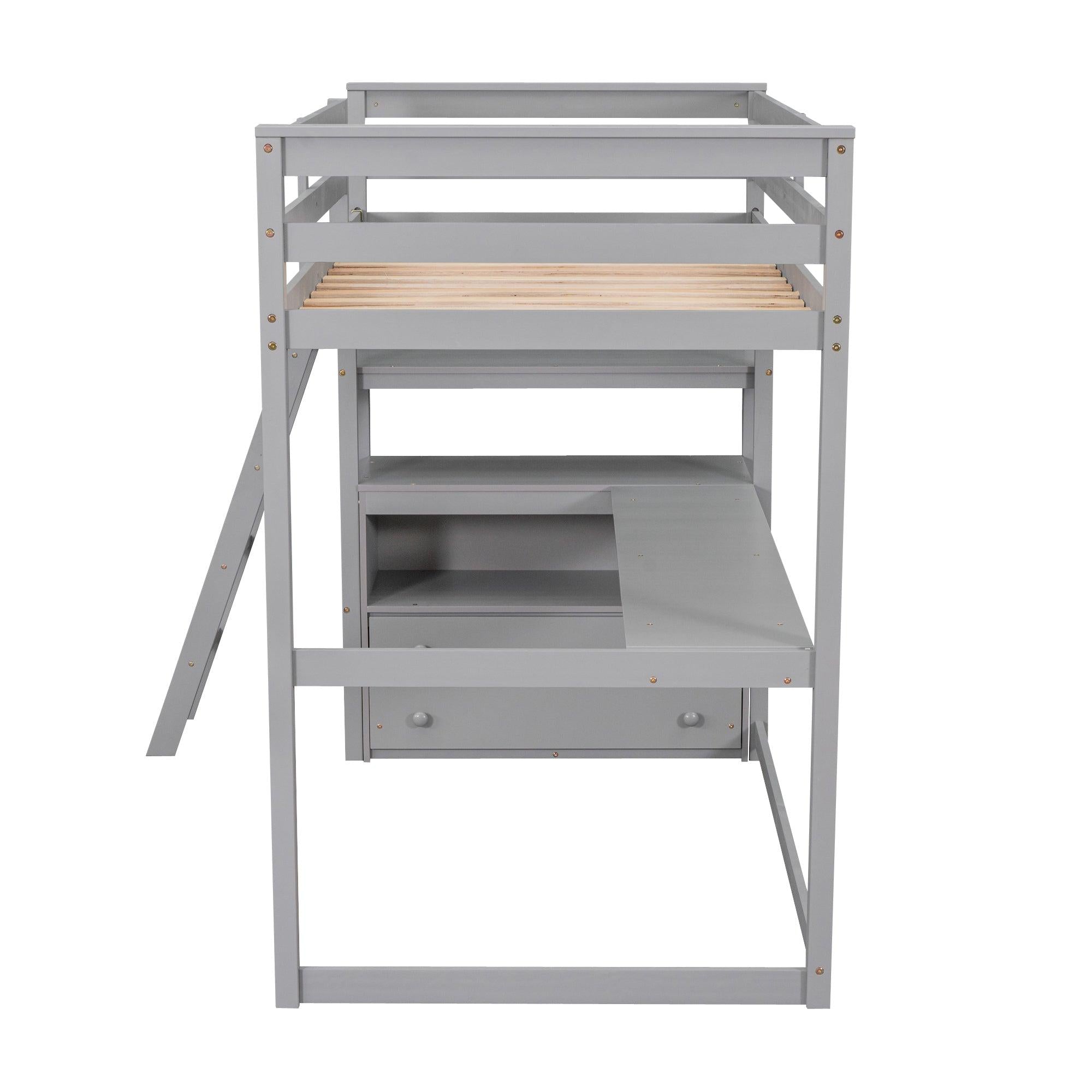 Twin Size Loft Bed with Desk and Shelves, Two Built-in Drawers, Gray