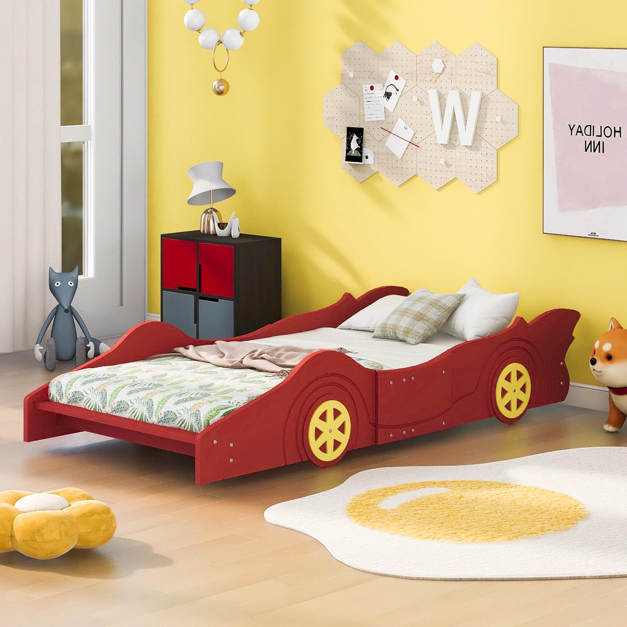 Twin Size Race Car-Shaped Platform Bed with Wheels,Red image