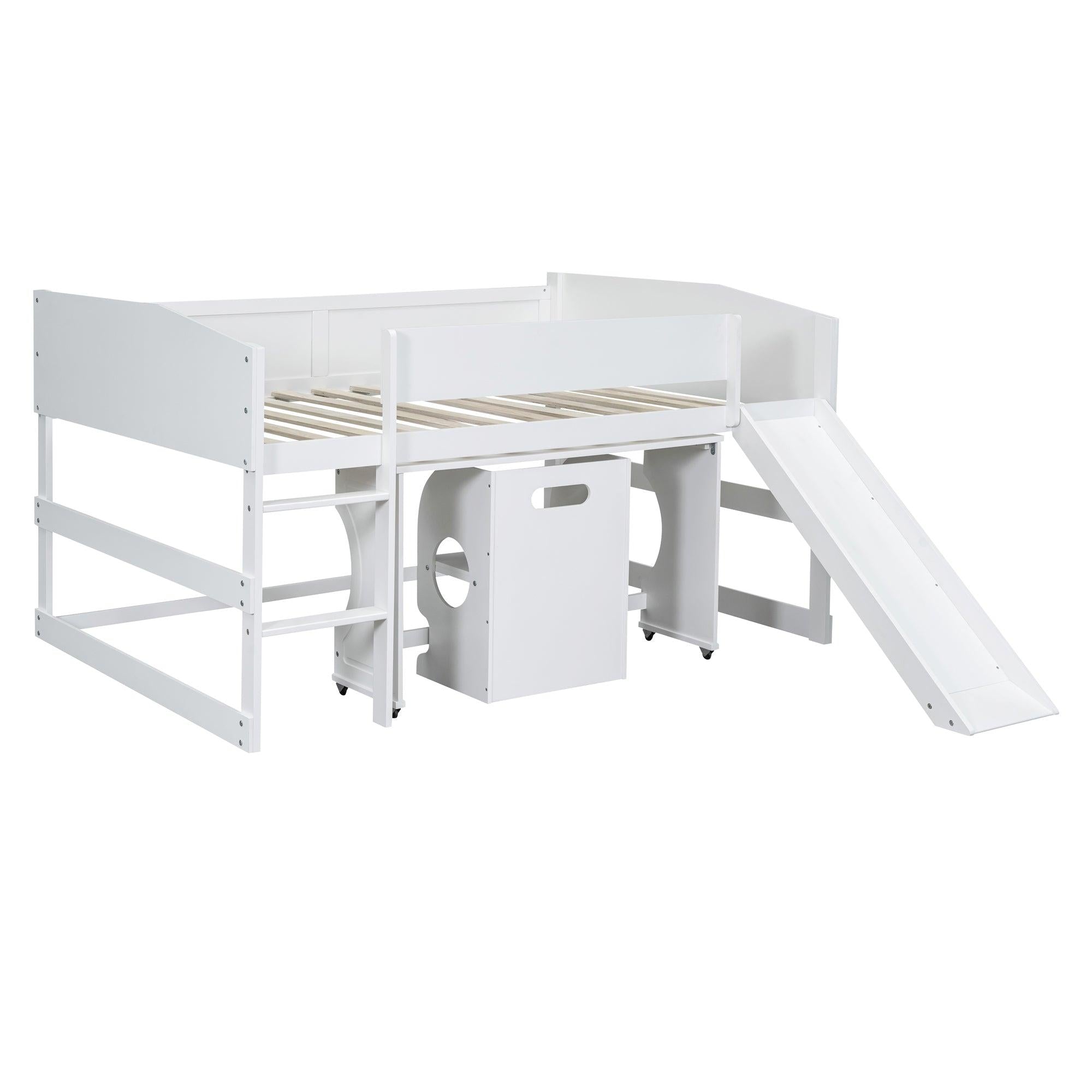 Low Study Full Loft Bed with Rolling Portable Desk and Chair,Multiple Functions Bed- White