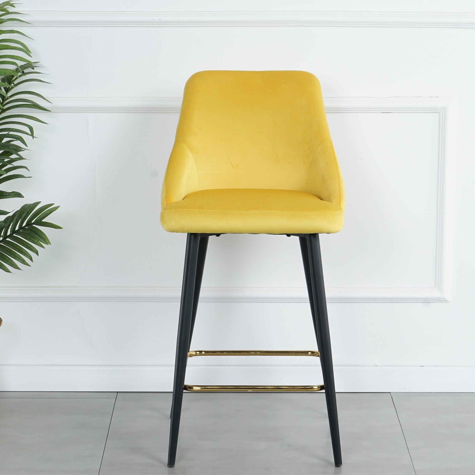 LuxuryModern Yellow Velvet Upholstered High Bar Stool Chair With Gold Legs(set of 2)