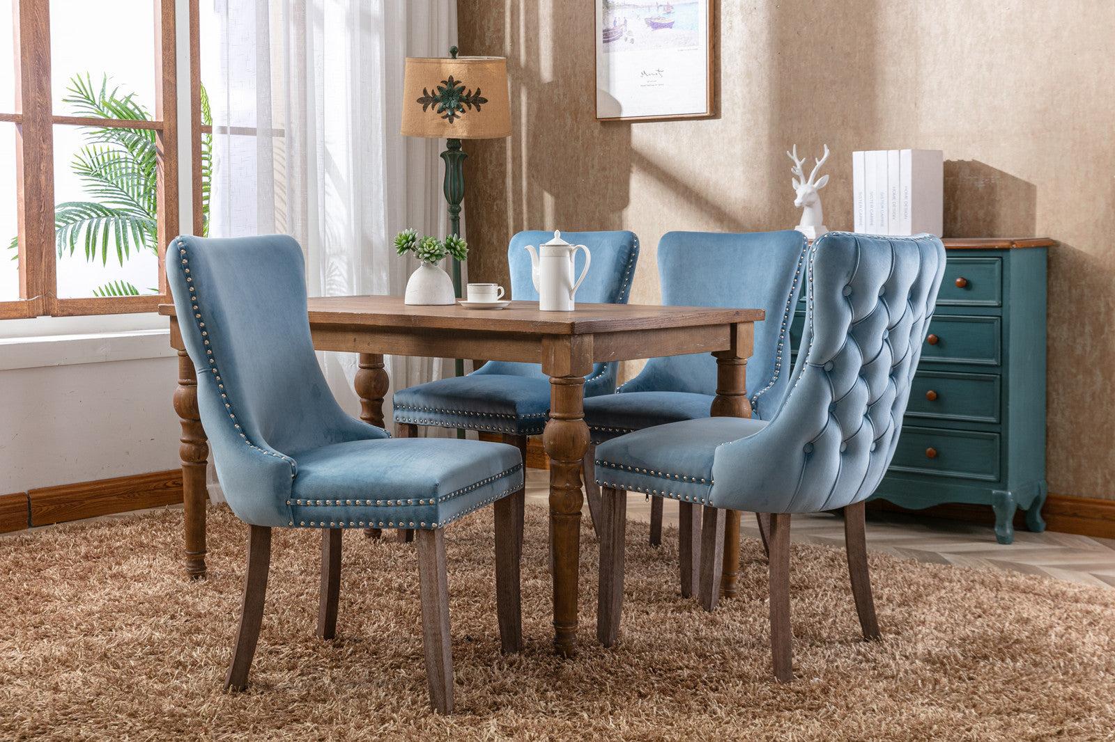 Cream Upholstered Wing-Back Dining Chair with Backstitching Nailhead Trim and Solid Wood Legs,Set of 2, Light Blue