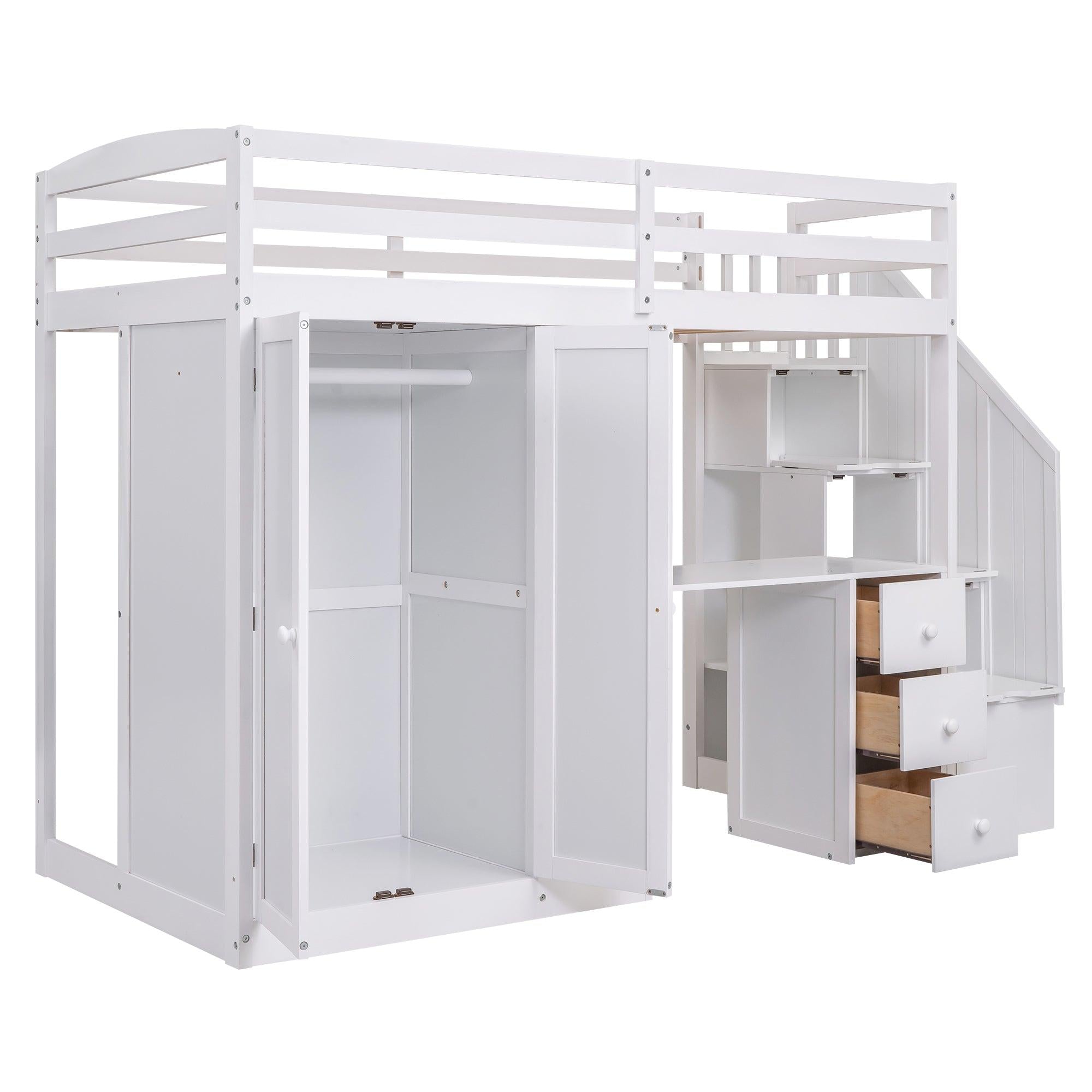 Twin Size Loft Bed with Wardrobe and Staircase, Desk andStorage Drawers and Cabinet in 1, White