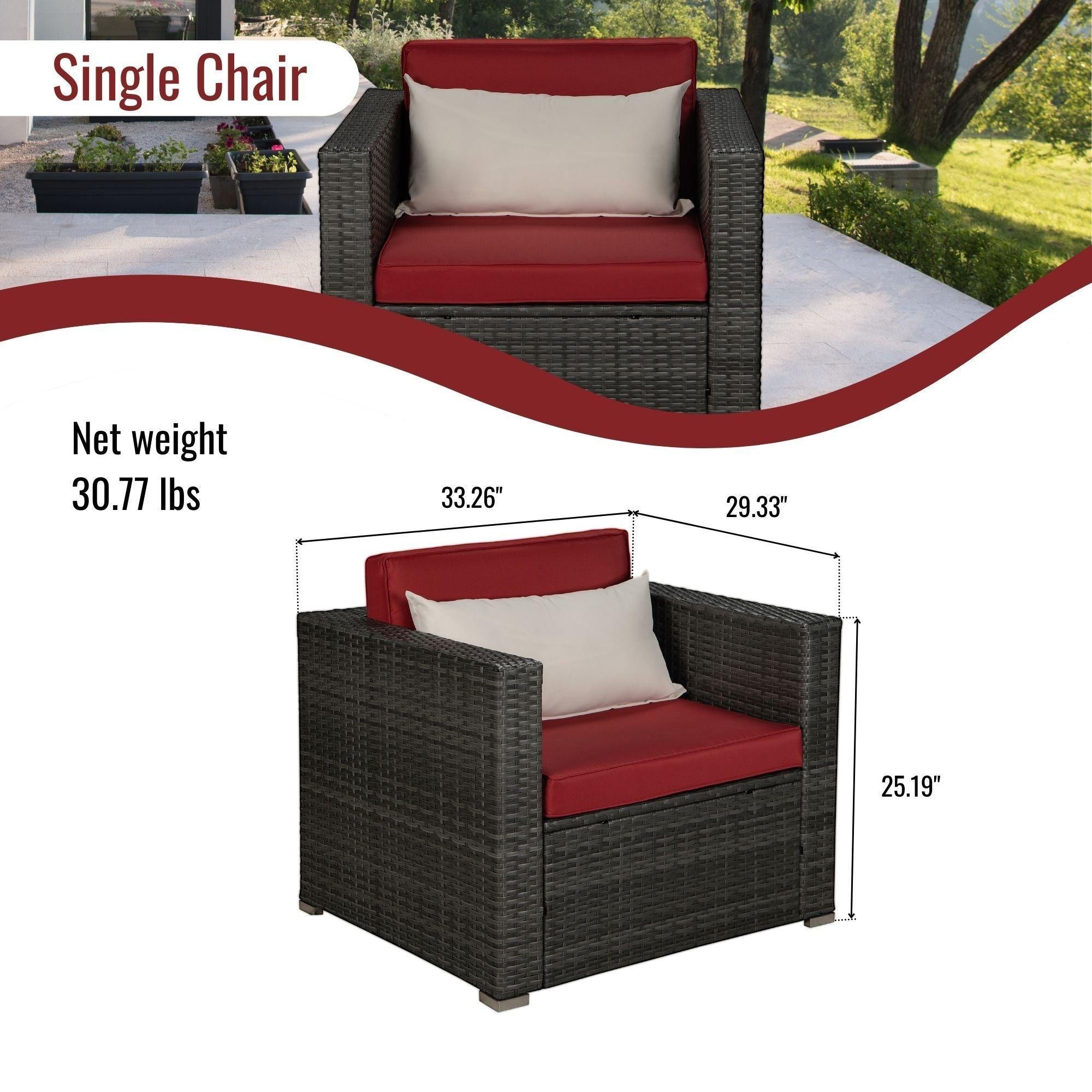 Outdoor Garden Patio Furniture 8-Piece Gray PE Rattan Wicker Sectional Red Cushioned Sofa Sets