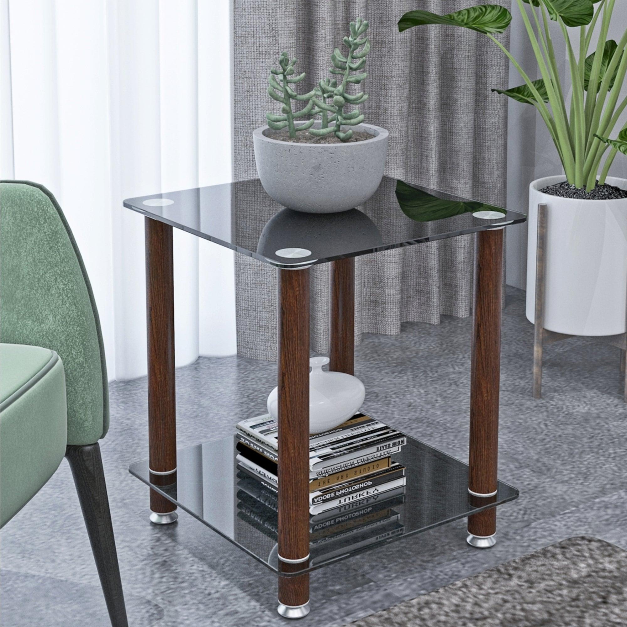 1-Piece Black + Walnut Side Table , 2-Tier Space End Table ,Modern Night Stand, Sofa table, Side Table withStorage Shelve image