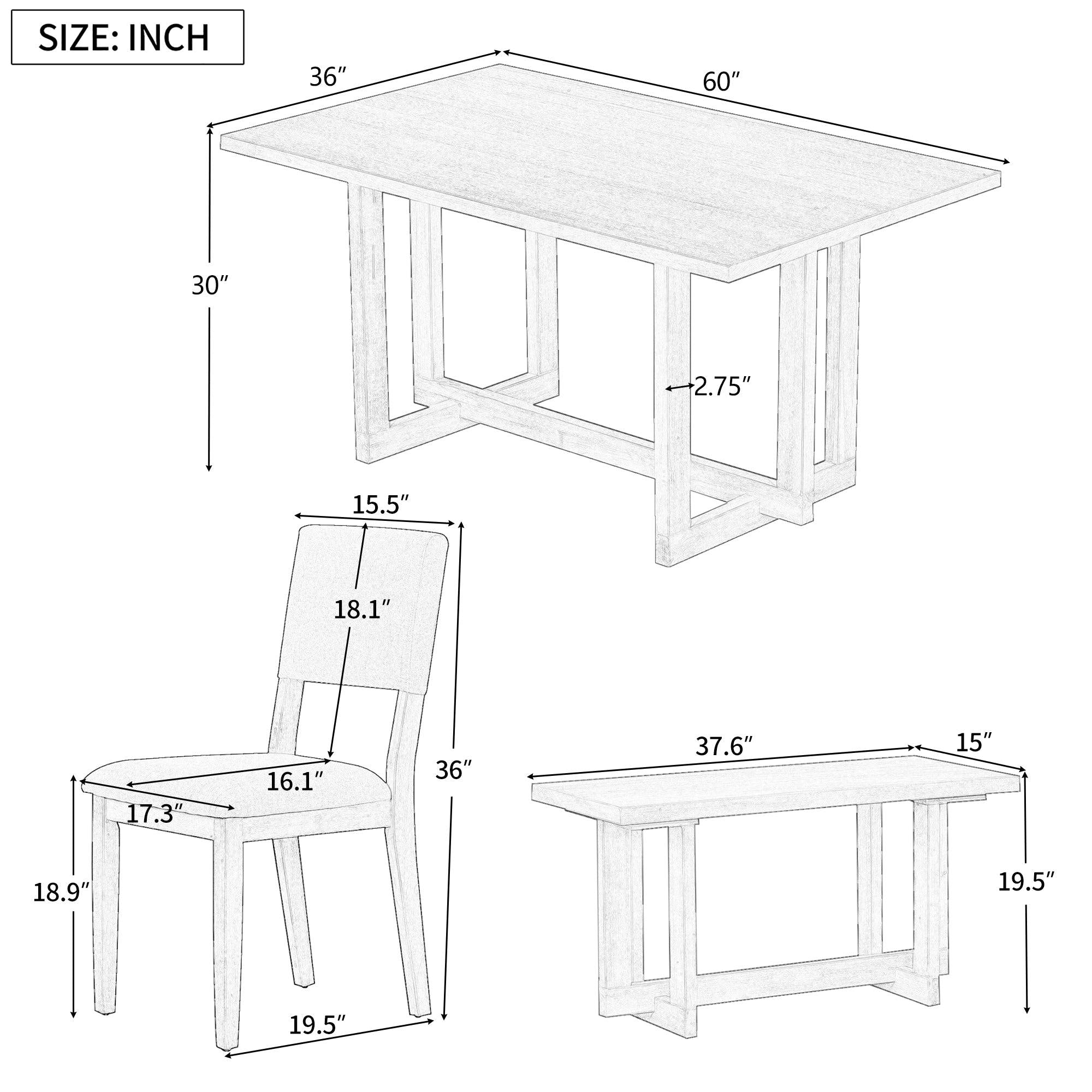 Wooden 6-Piece Dining Table Set H-shaped Support Design Dining Table, Four Chairs with Soft Cushions and One Wooden Bench (Gray)