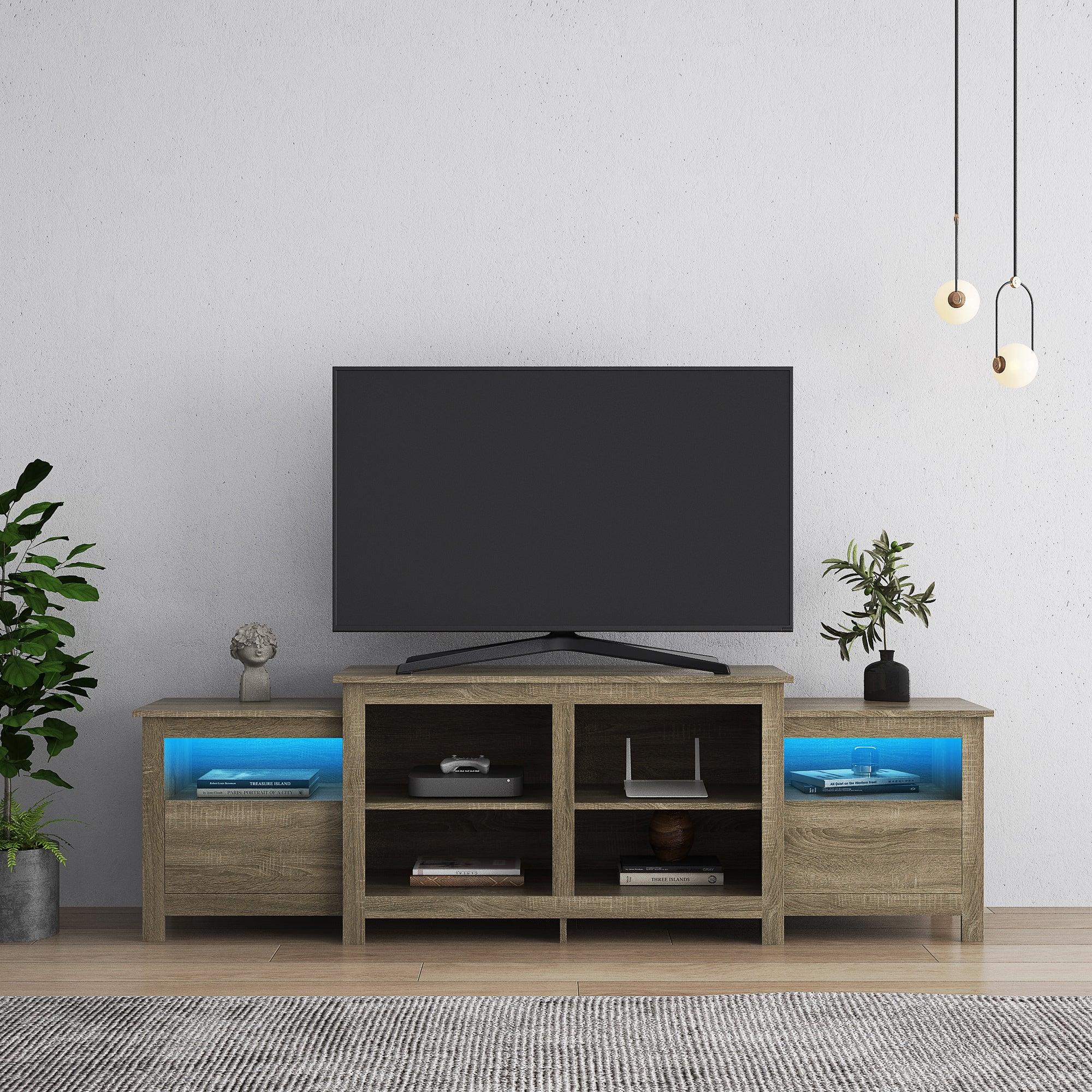 Modern  Wood grain color TV Stand for 75 inch TV , 16 Colors LED TV Stand w/Remote Control Lights image