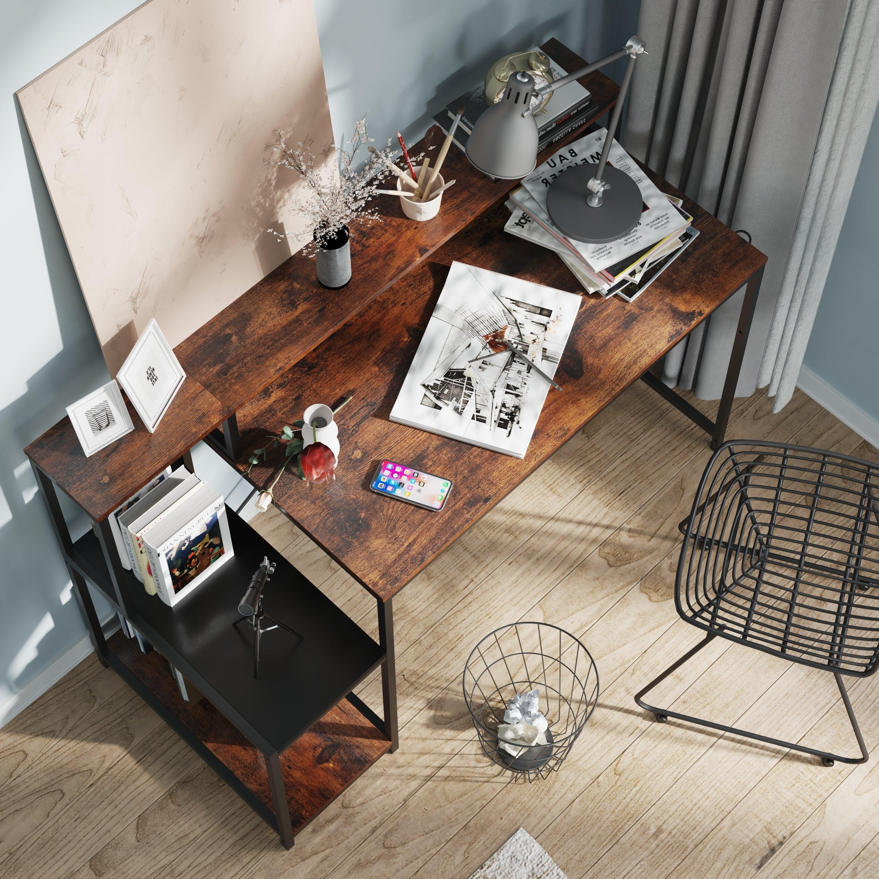 Computer Desk withStorage Shelves（Rustic Brown+Black）