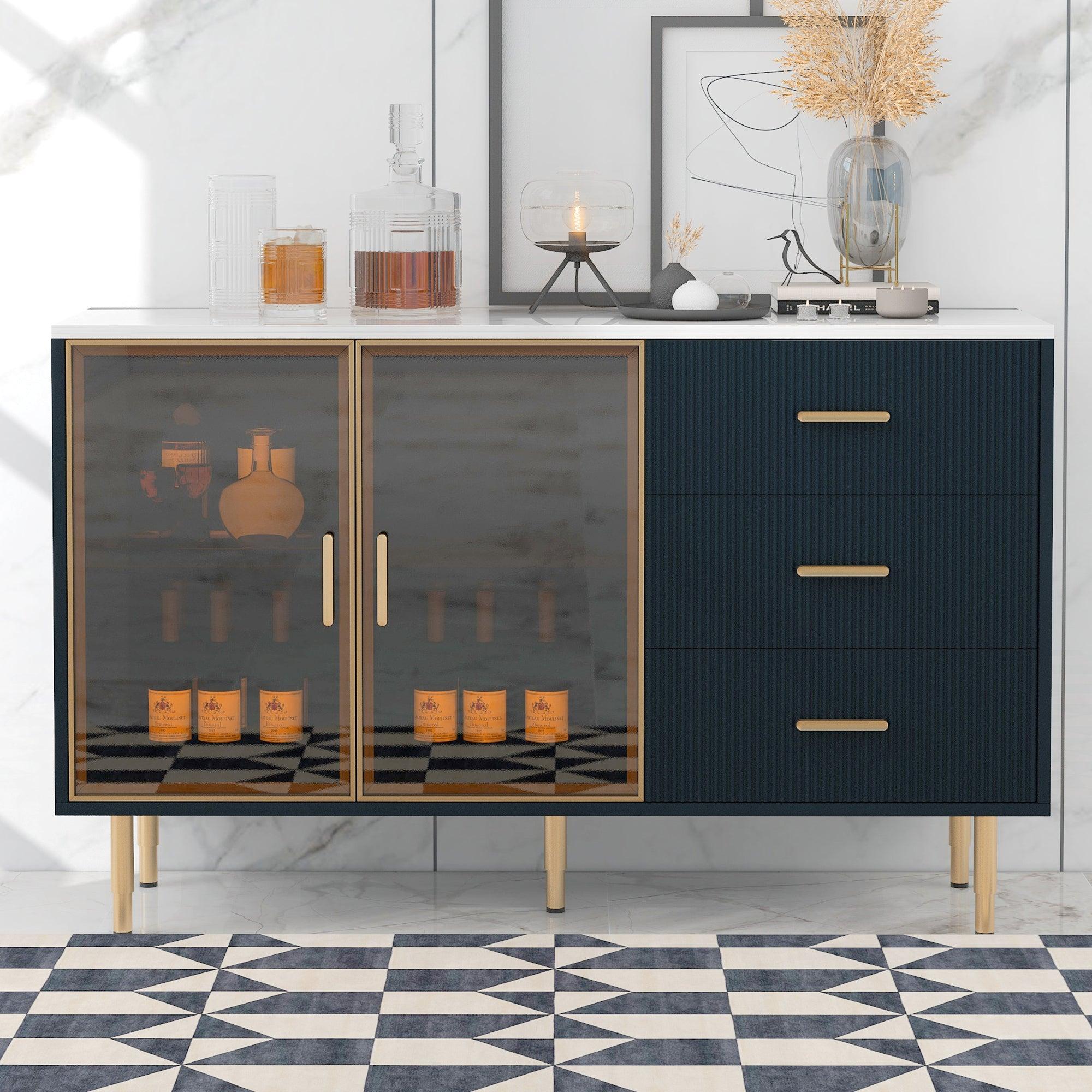 Modern Sideboard MDF Buffet Cabinet Marble Sticker Tabletop and Amber-yellow Tempered Glass Doors with Gold Metal Legs & Handles (Navy Blue)