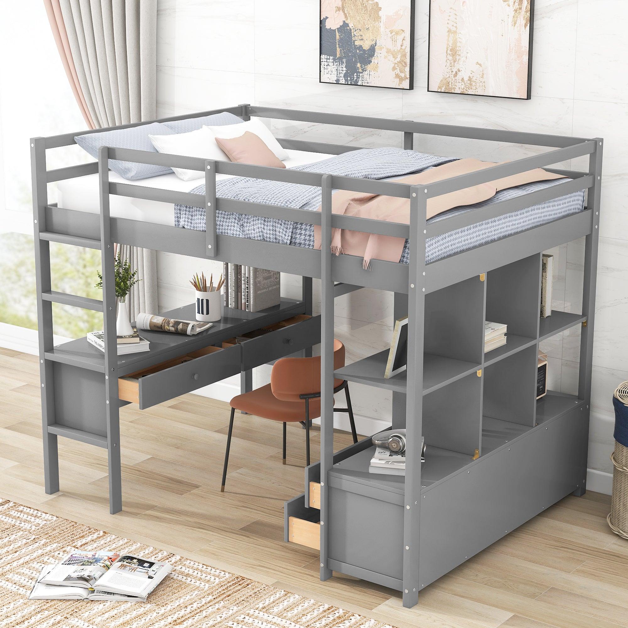 Full Size Loft Bed with Built-in Desk with Two Drawers, andStorage Shelves and Drawers,Gray image