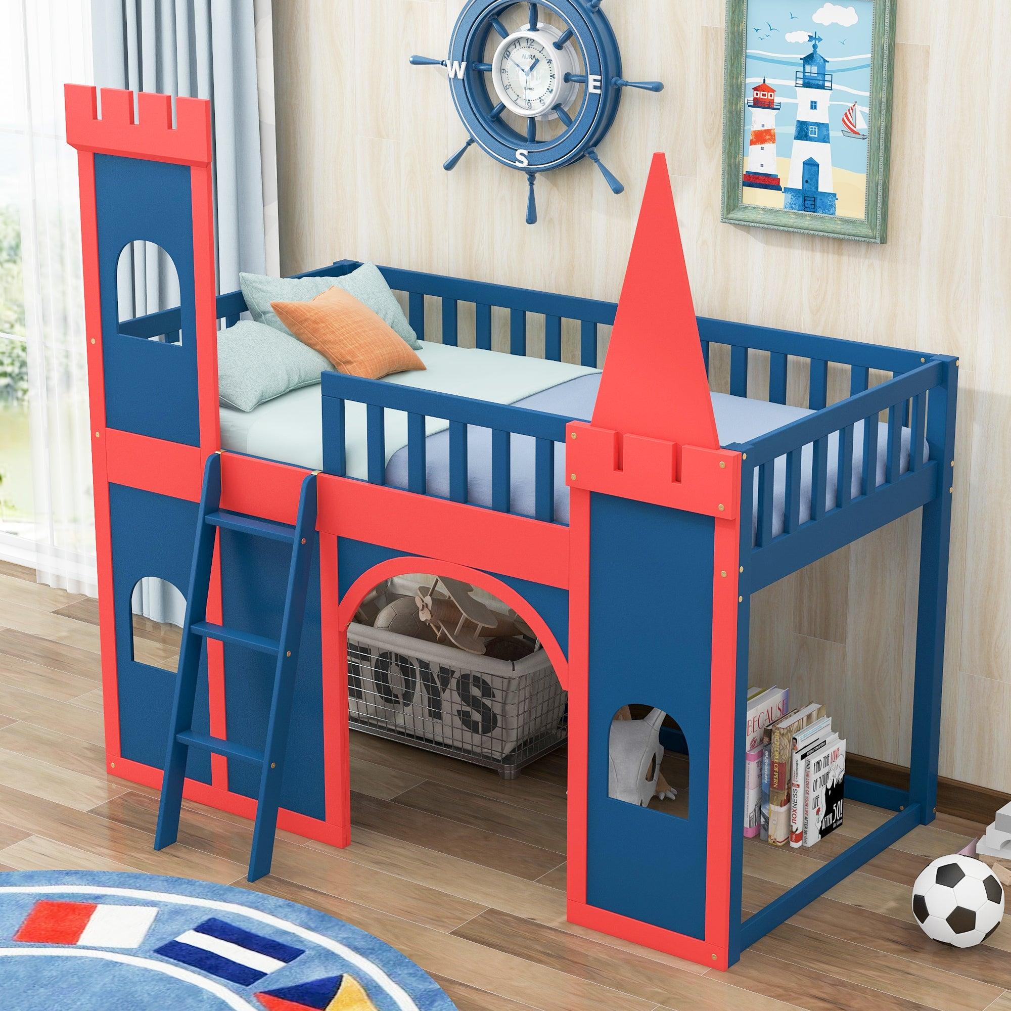 Twin Size Castle Shaped Loft Bed with UnderbedStorage Space,Red