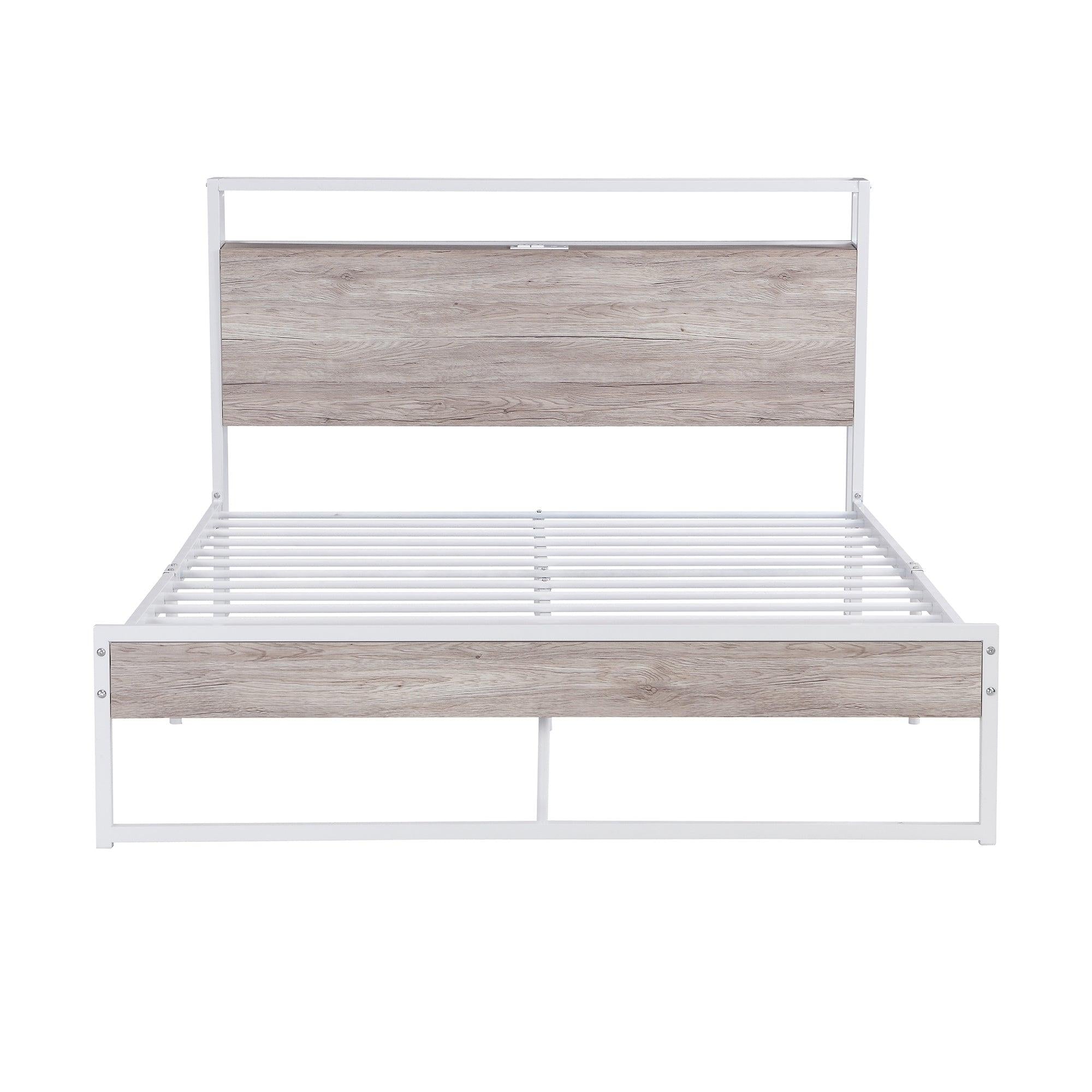 Full Size Metal Platform Bed Frame with Sockets, USB Ports and Slat Support ,No Box Spring Needed White