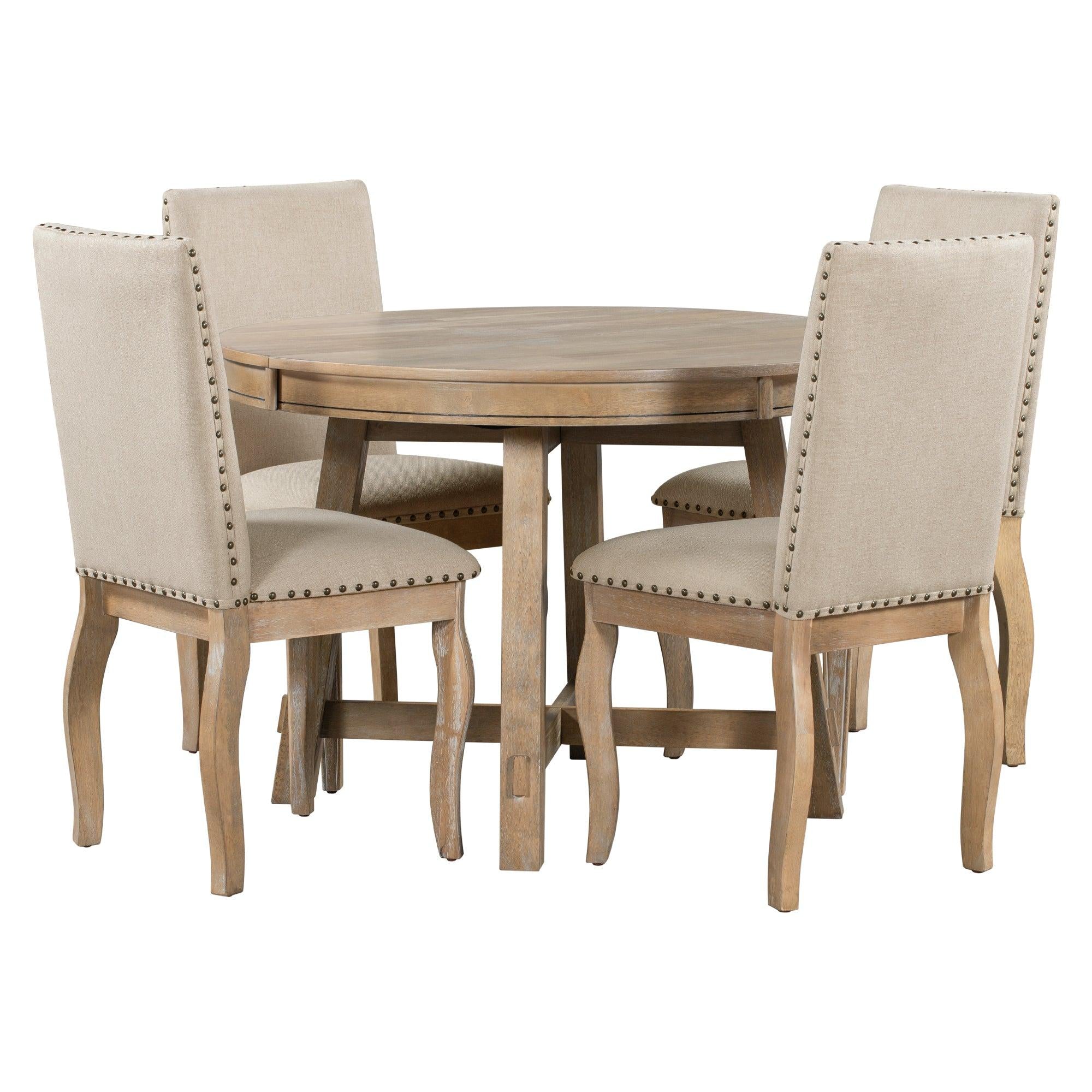 5-Piece Farmhouse Dining Table Set Wood Round Extendable Dining Table and 4 Upholstered Dining Chairs (Natural Wood Wash)