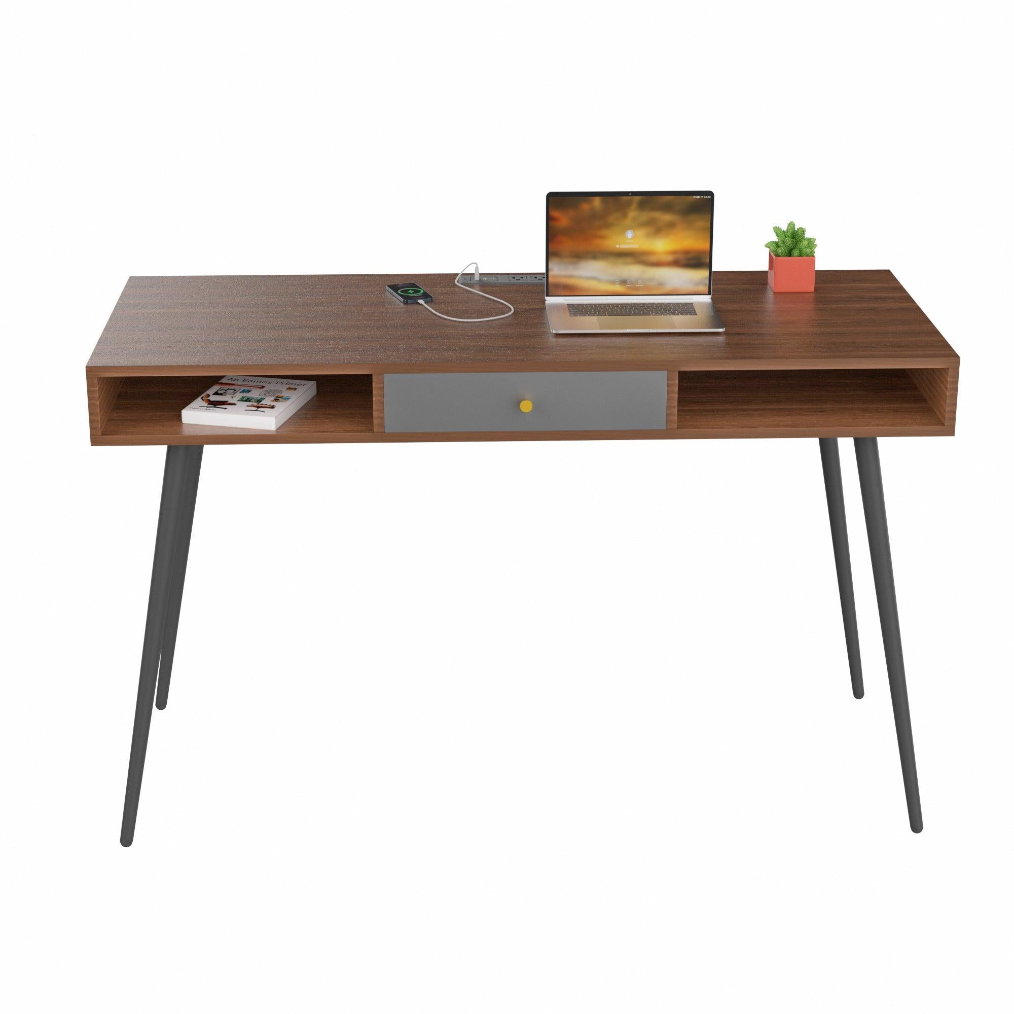 Mid Century Desk with USB Ports and Power Outlet,Modern Writing Study Desk with Drawers, Multifunctional Home Office Computer Desk Walnut