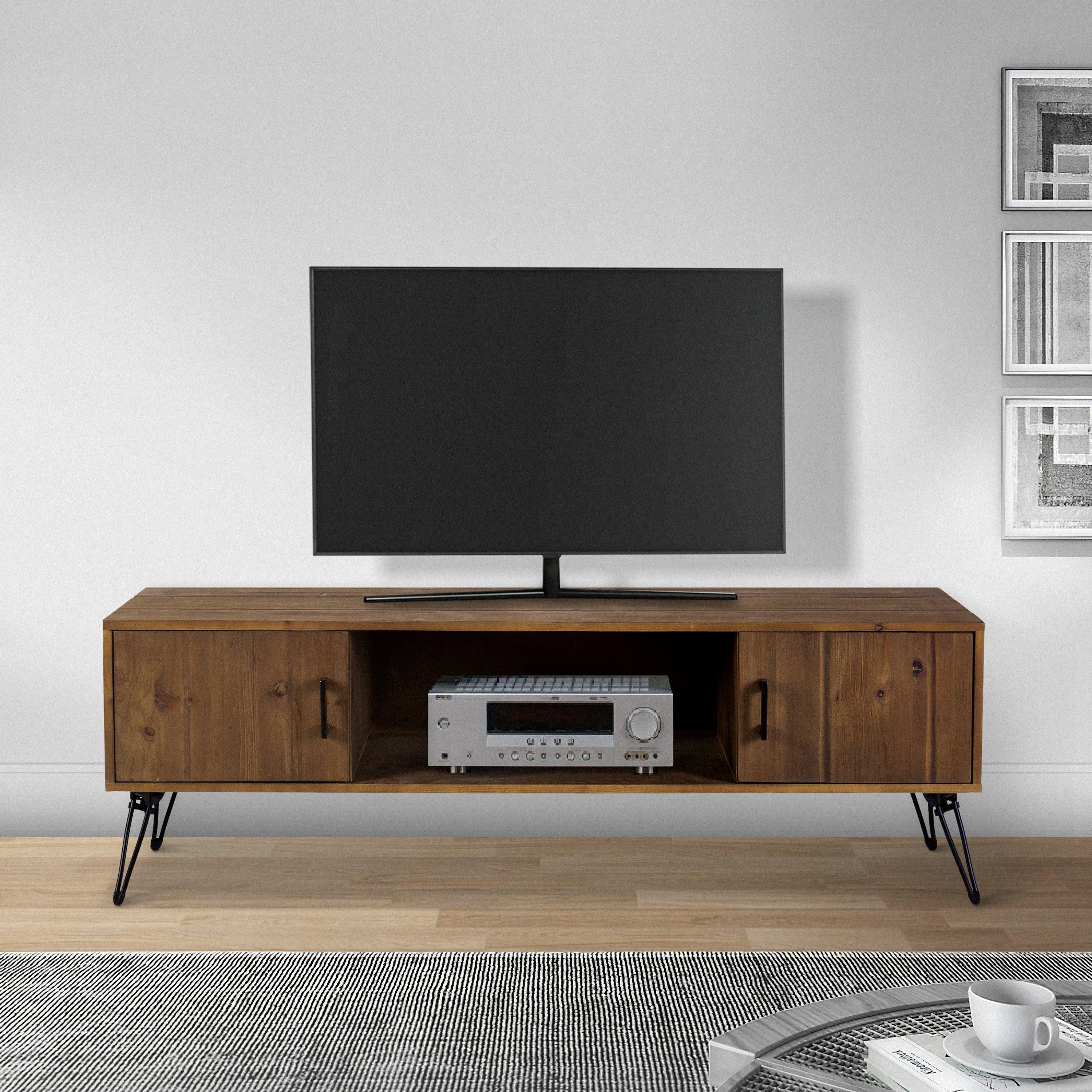 Clive 60 Inch Reclaimed Wood Rectangle Farmhouse TV Stand Media Console, 2 Doors, Iron Legs, Natural Brown