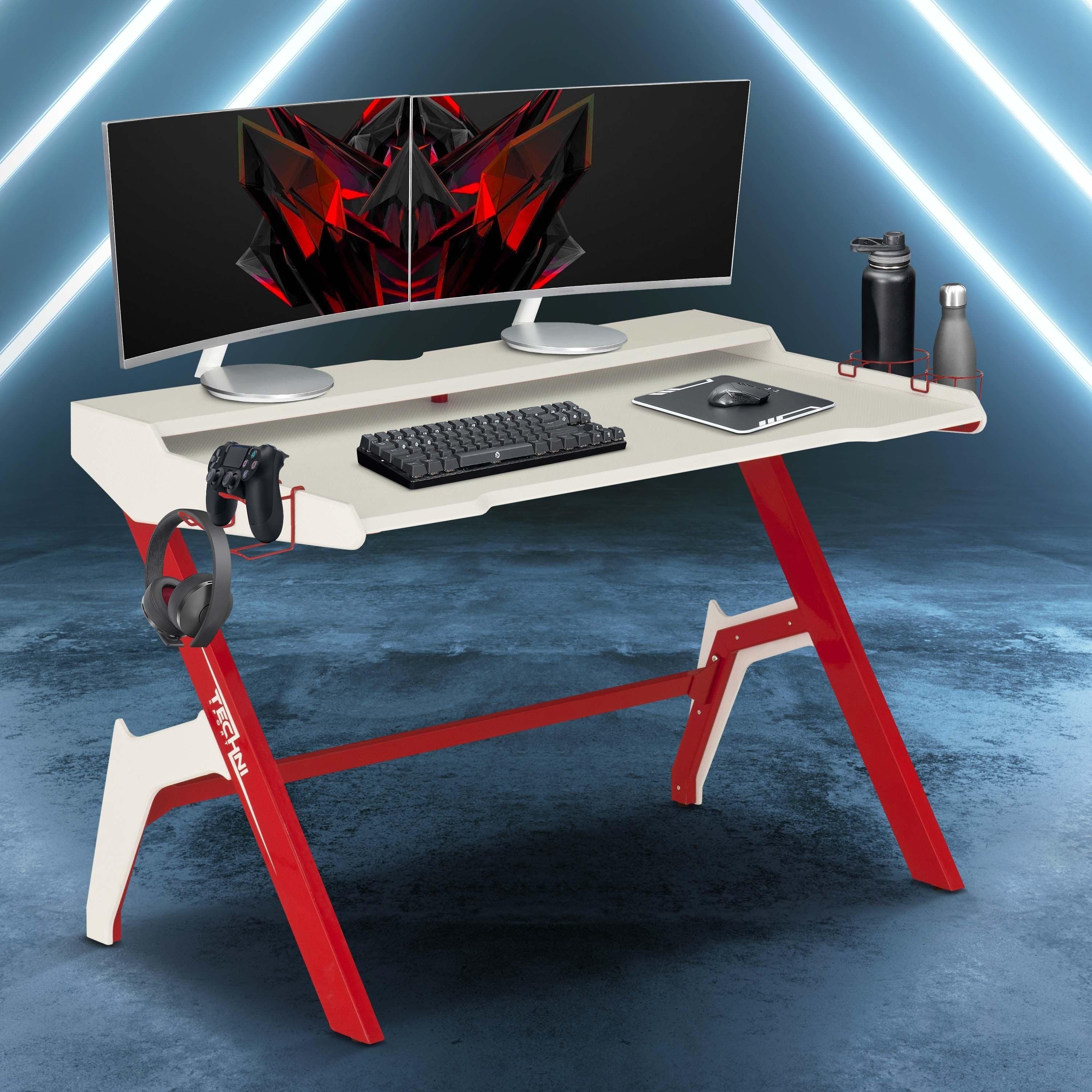 Techni Sport Ergonomic Computer Gaming  Desk Workstation with Cupholder & Headphone Hook, Red image