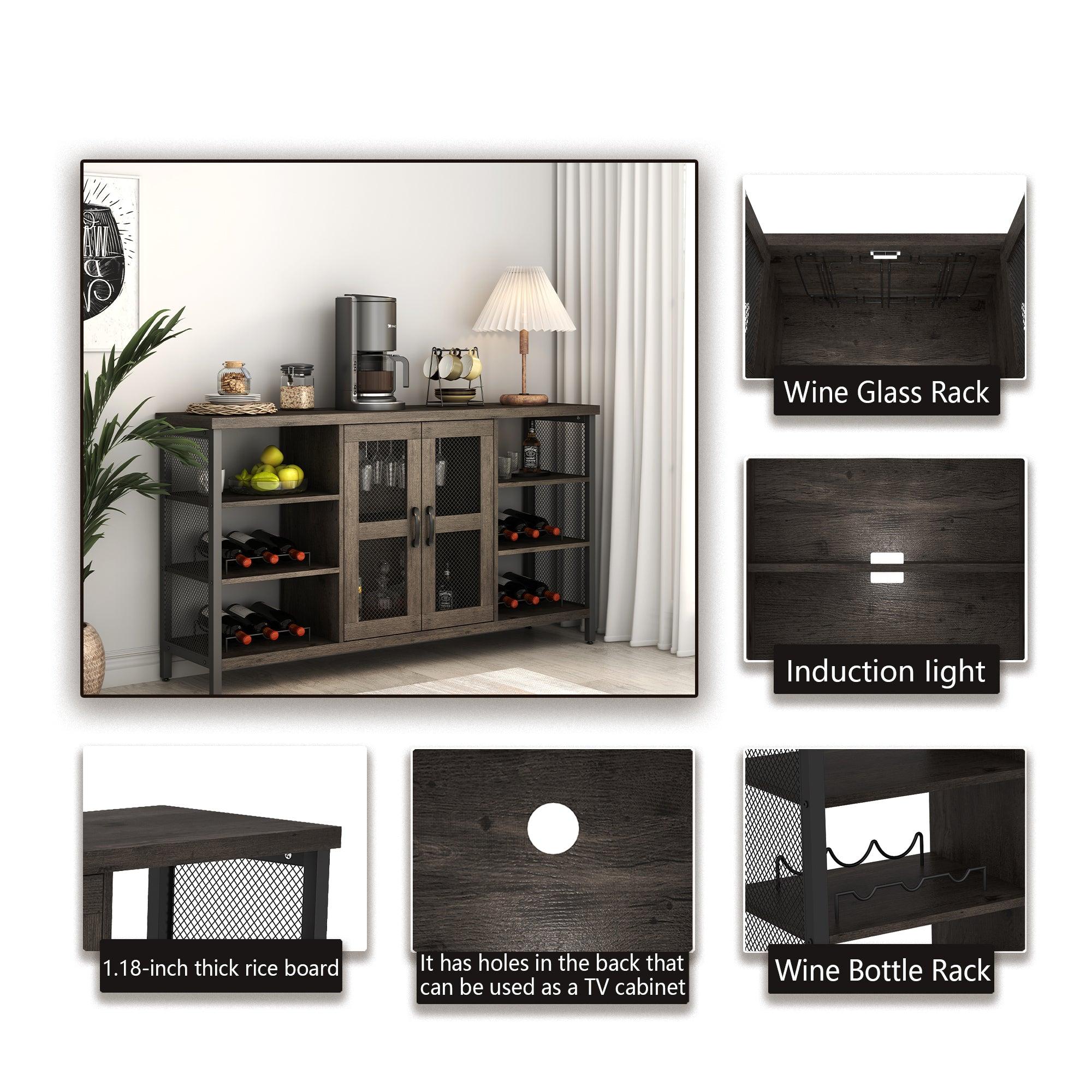 Industrial Wine Bar Cabinet, LiquorStorage Credenza, Sideboard with Wine Racks & Stemware Holder (Dark Grey, 55.12''w x 13.78''d x 30.31' ' h)