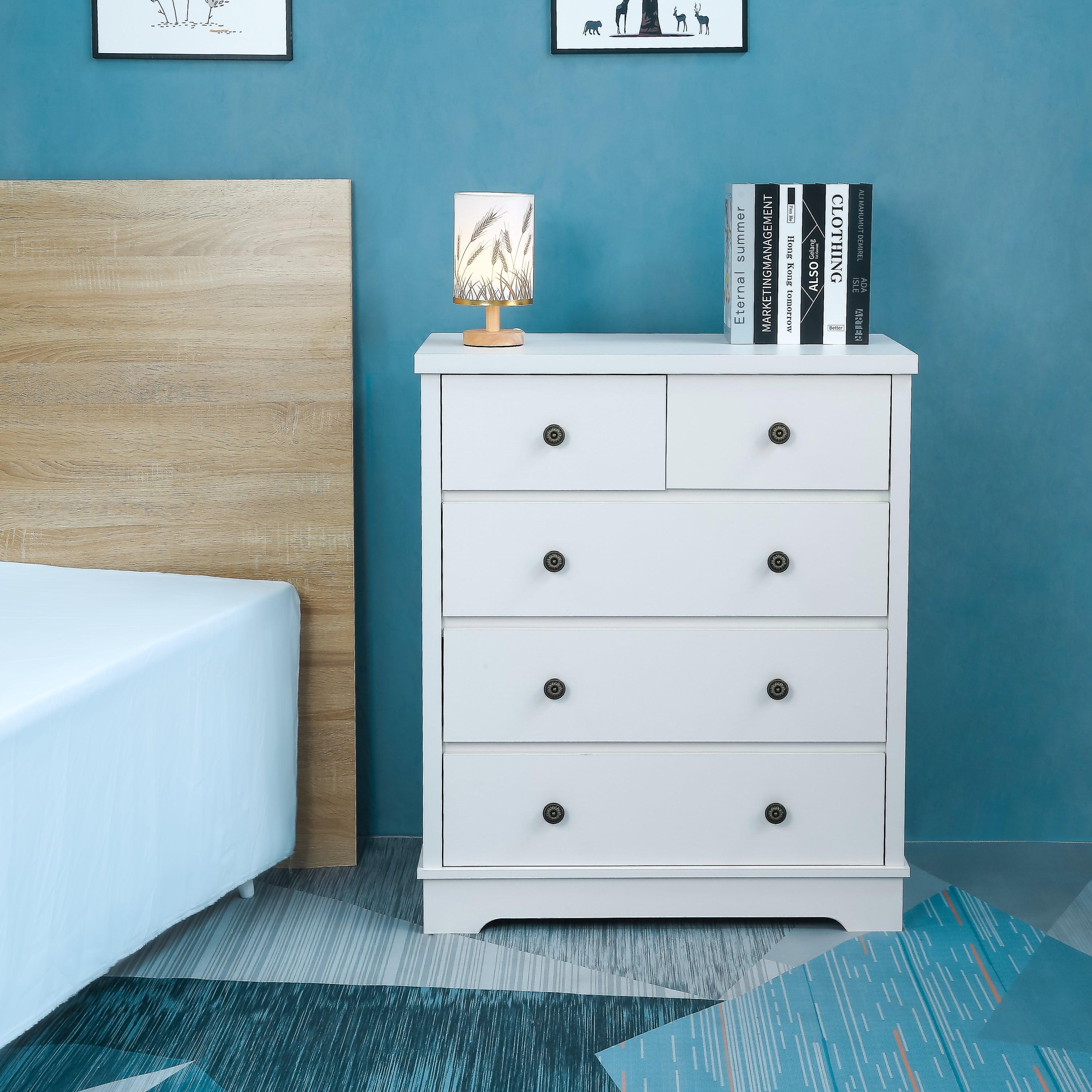 White color 5 drawers chest of drawer,Tallboy for bedroom, wooden cabinet