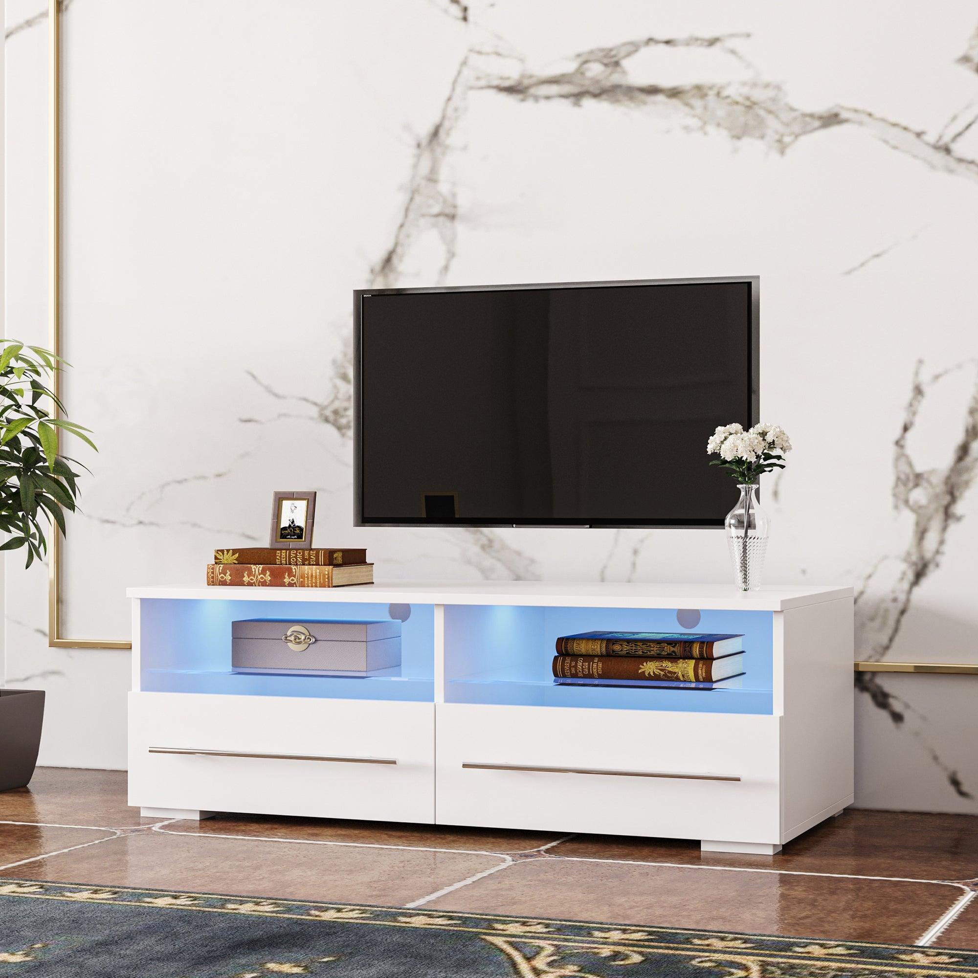 White TV cabinet has two drawers with dual end color-changing LED light strip image