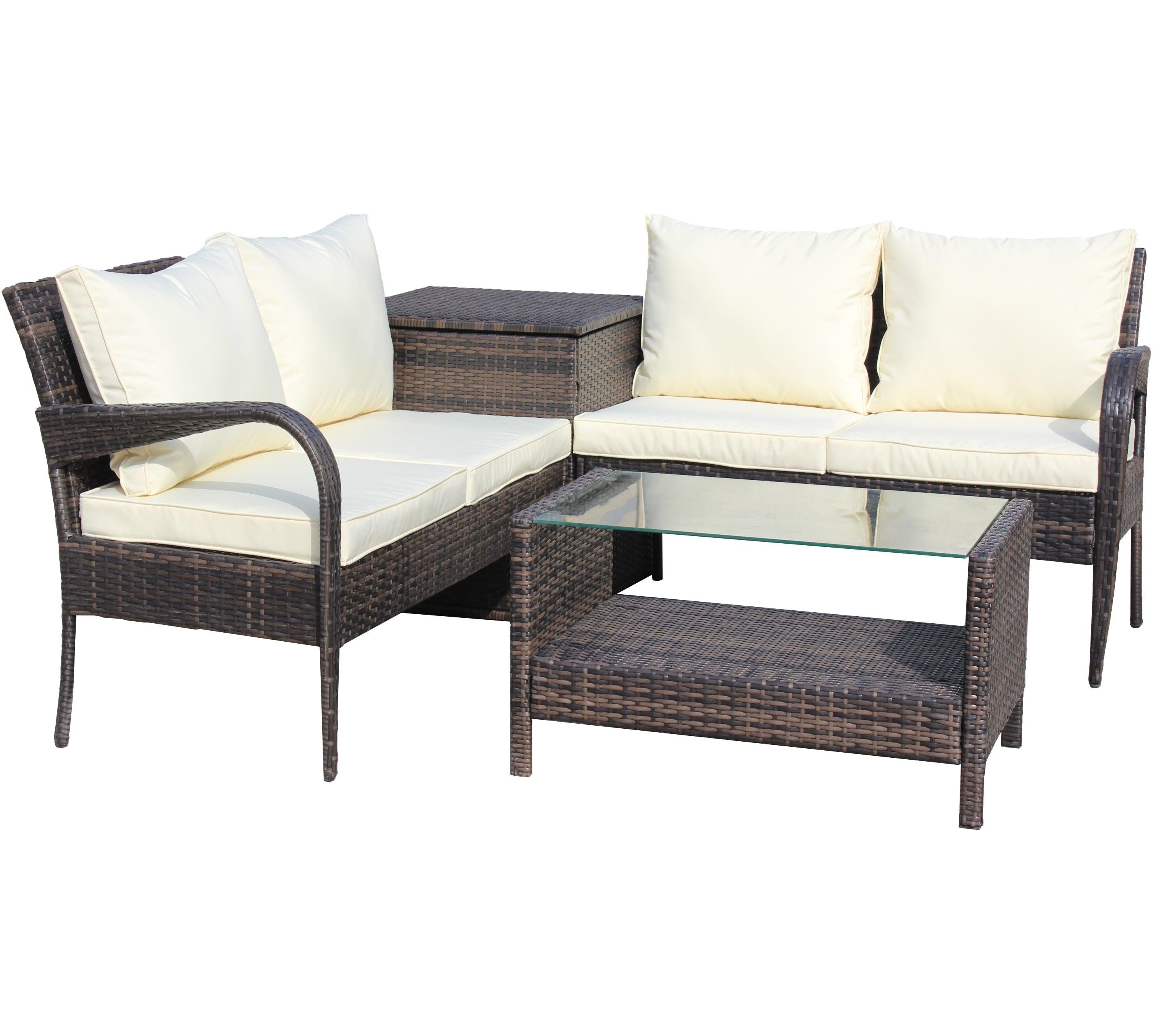 4 Piece Patio Sectional Wicker Rattan Outdoor Furniture Sofa Set withStorage Box Brown