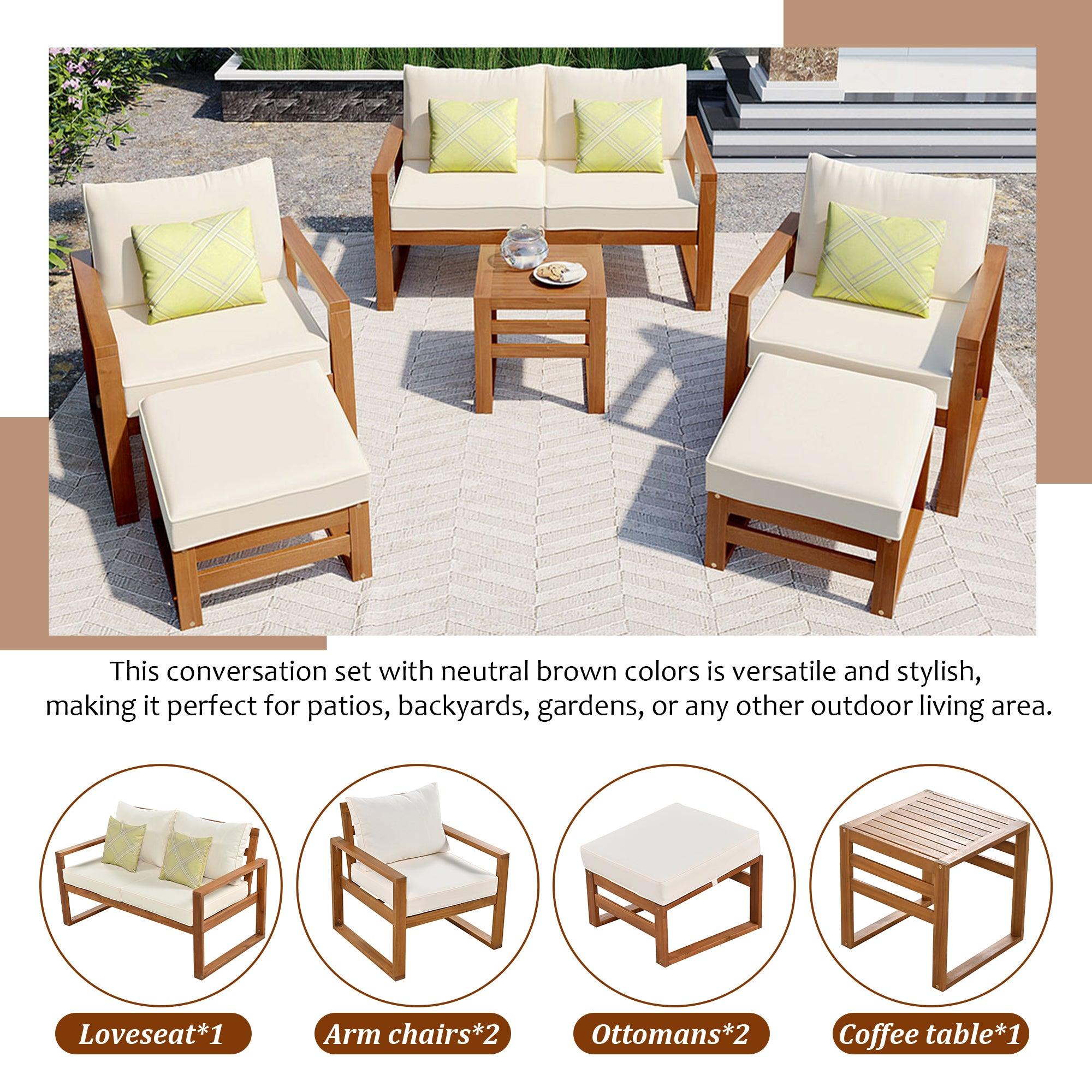 Outdoor Patio Wood 6-Piece Conversation Set, Sectional Garden Seating Groups Chat Set with Ottomans and Cushions for Backyard, Poolside, Balcony, Beige