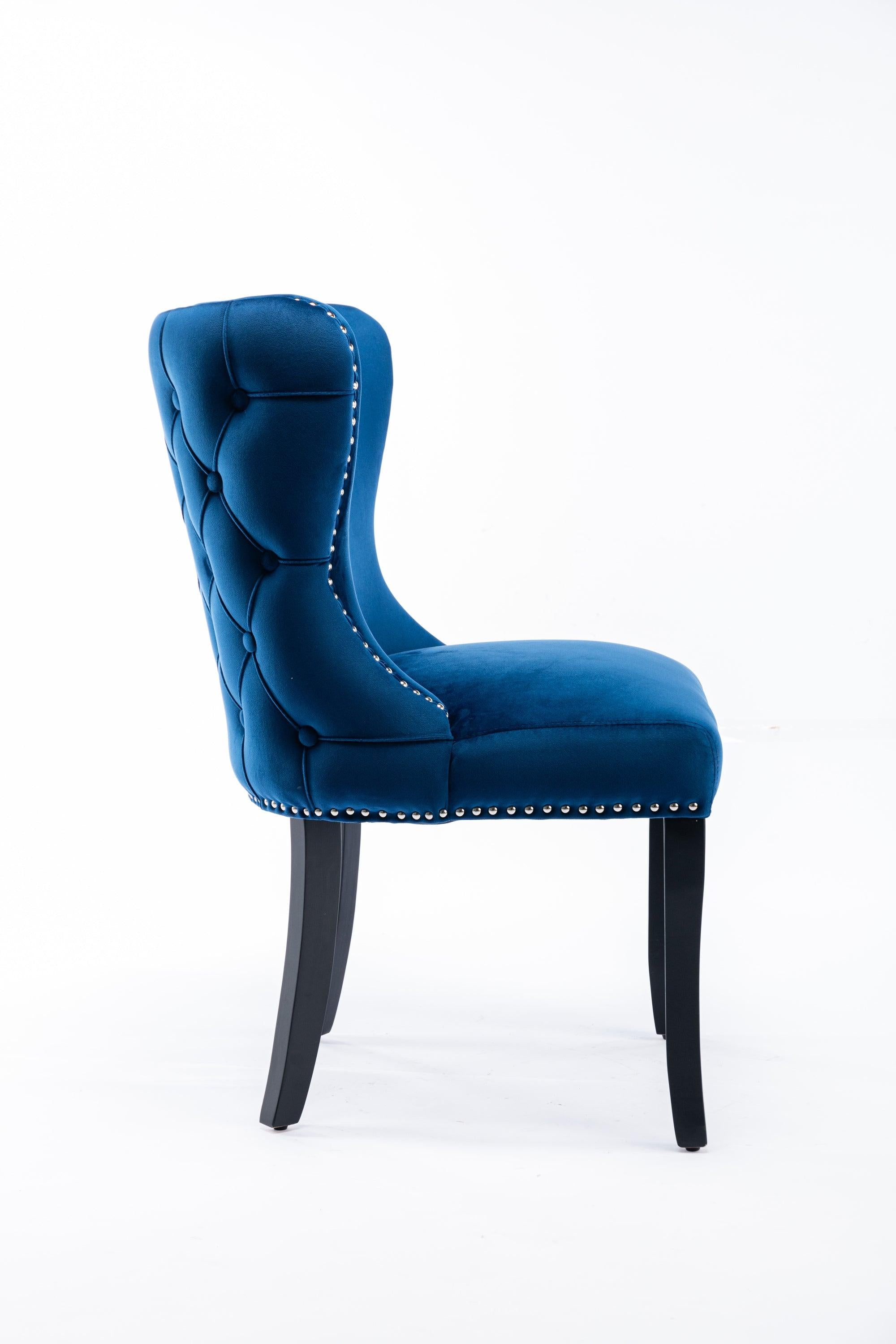 Set of 2 upholstered wing-back dining chair with backstitching nailhead trim and solid wood legs Blue