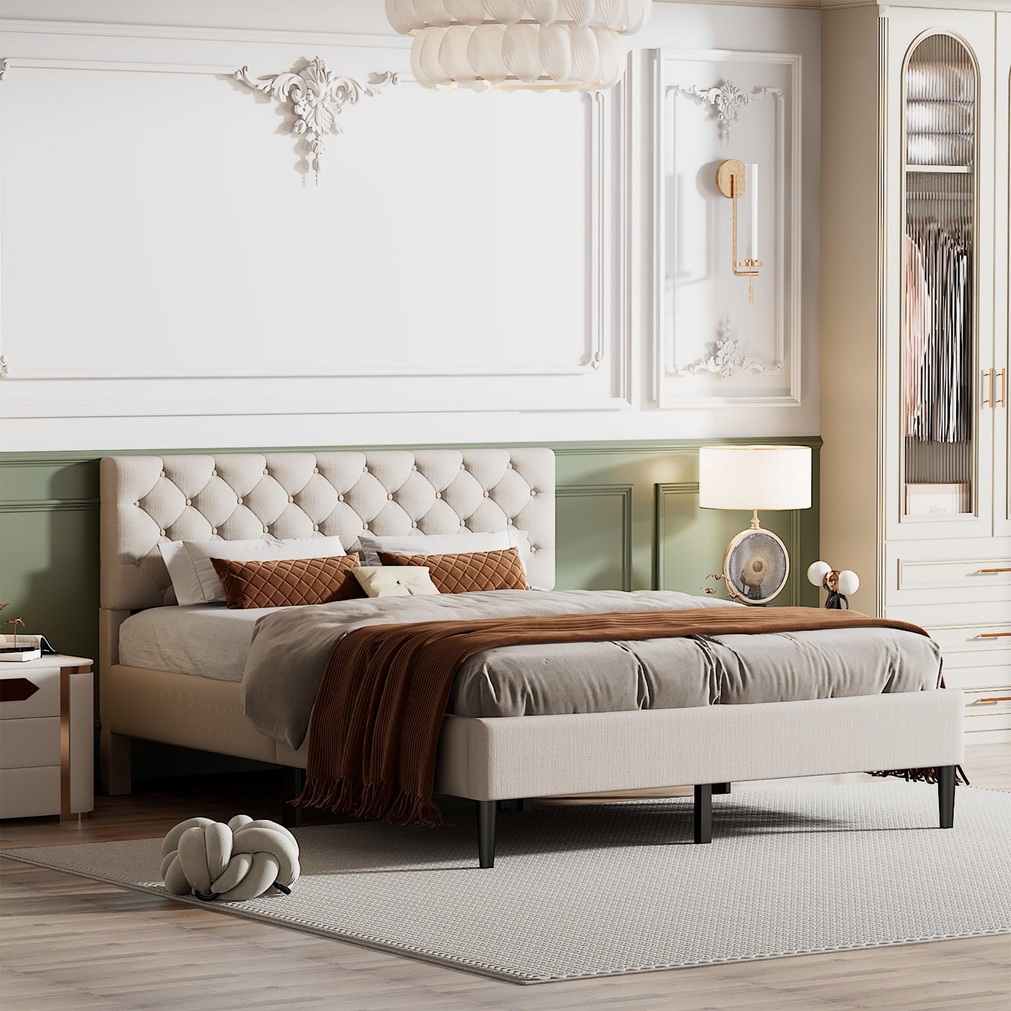 Upholstered Linen Platform Bed, Queen Size, Beige image