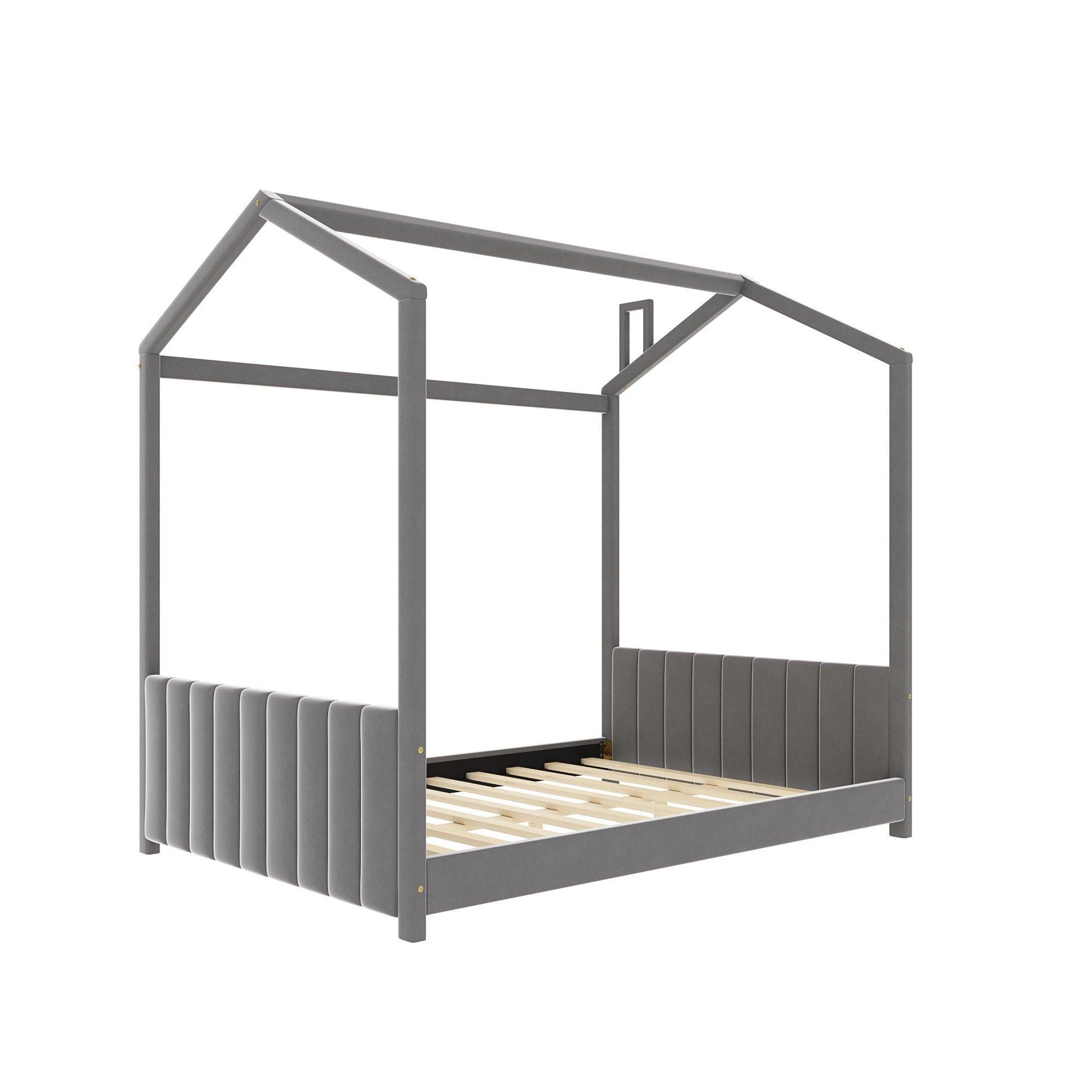 Full Size Velvet House Bed Wood Bed, Gray