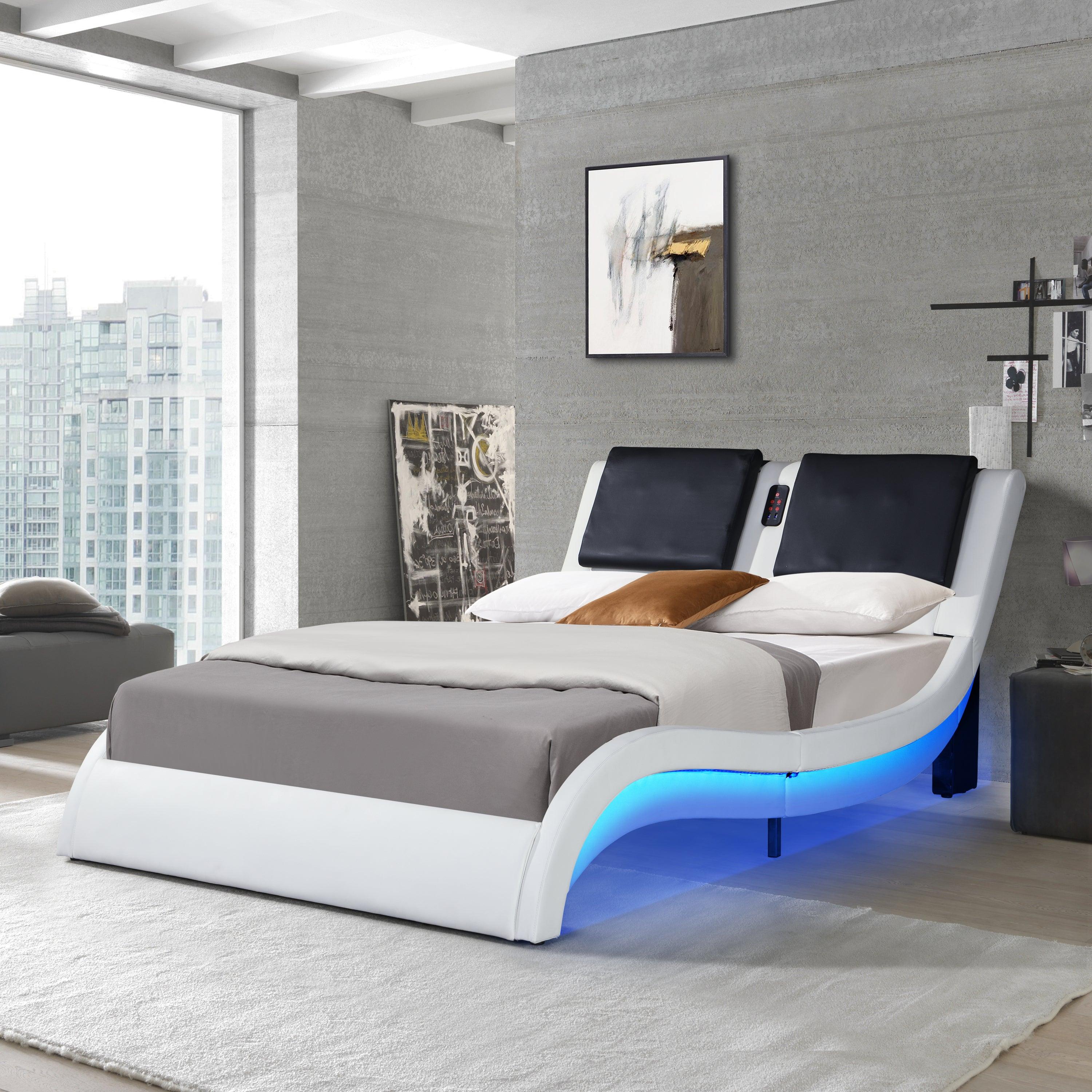 Faux Leather Upholstered Platform Bed Frame with led lighting ,Bluetooth connection to play music control，Backrest vibration massage，Curve Design, Wood Slat Support, No Box Spring Needed,Queen image