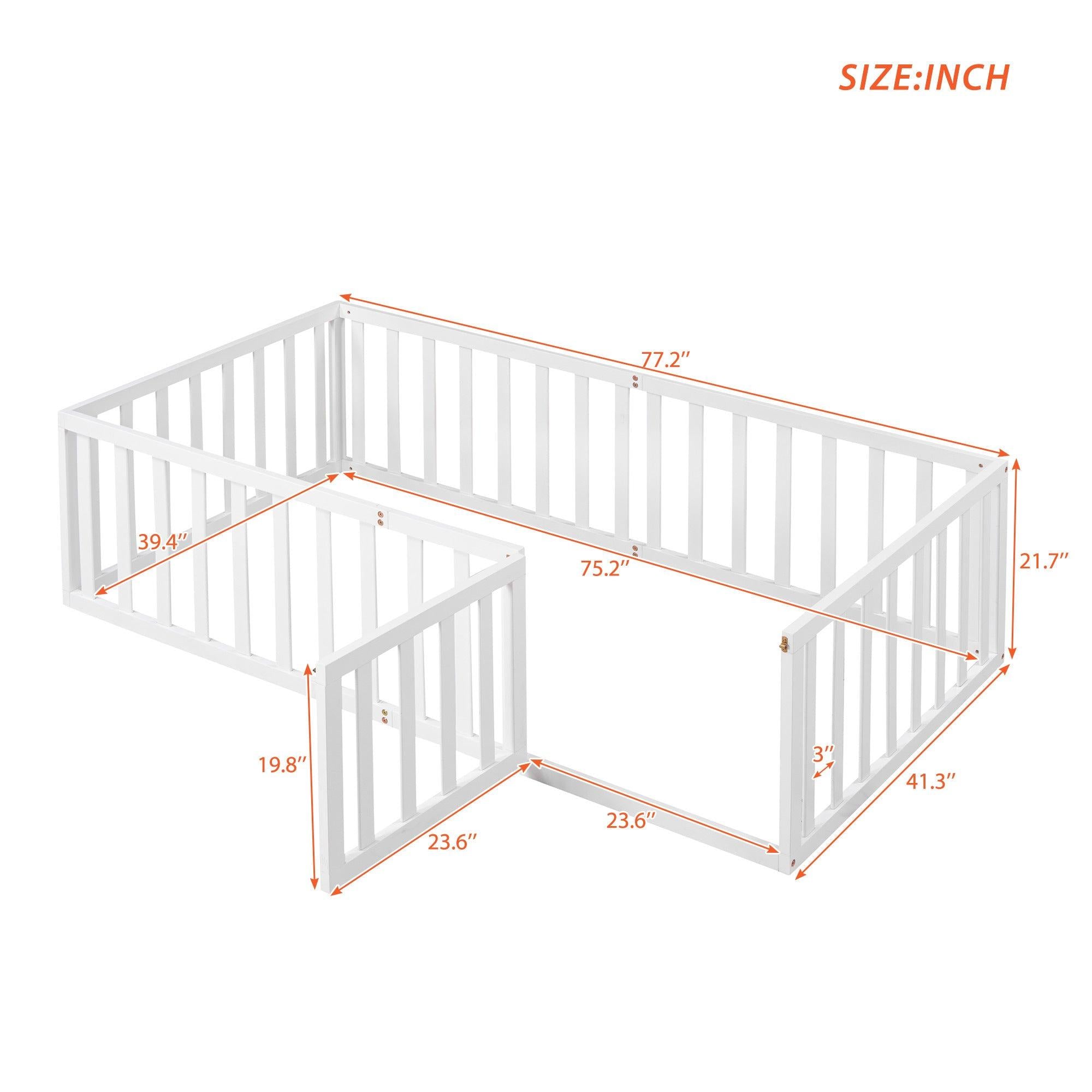 Twin Size Wood Floor Bed Frame with Fence and Door, White