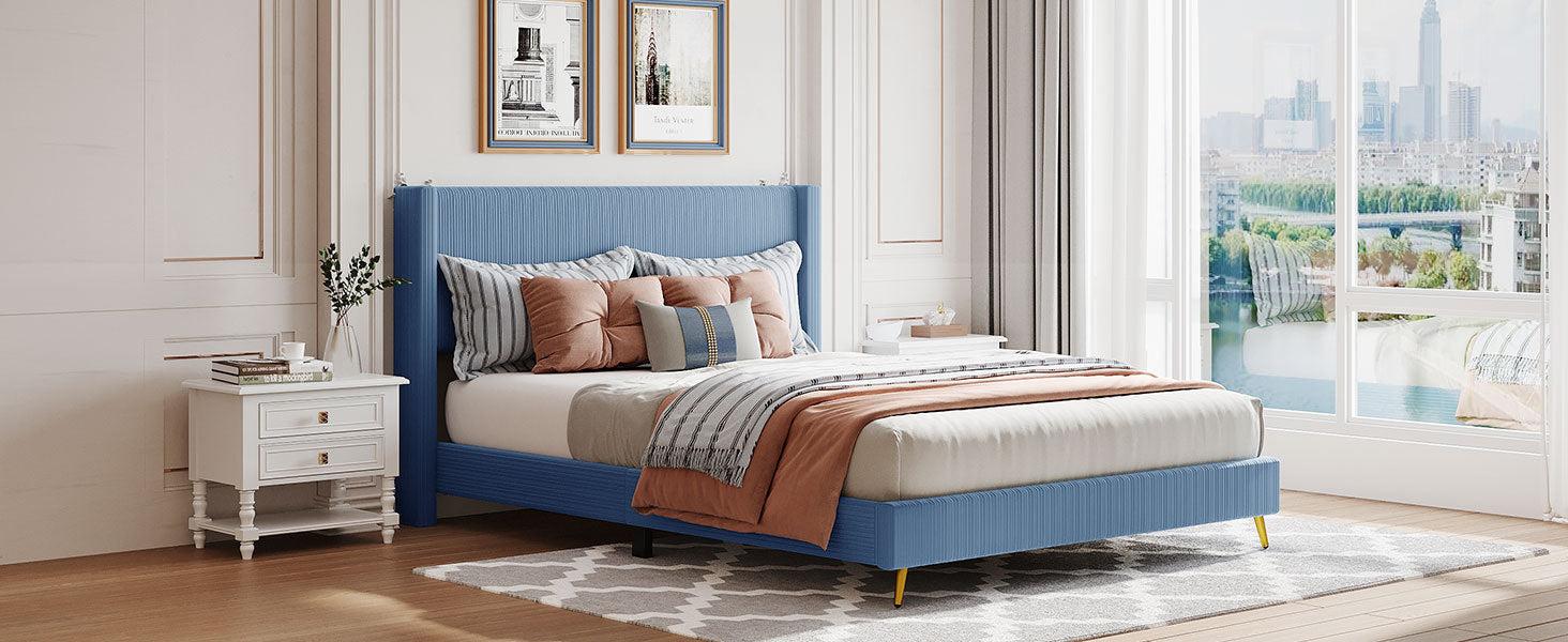 Queen Size Corduroy Platform Bed with Metal Legs, Blue